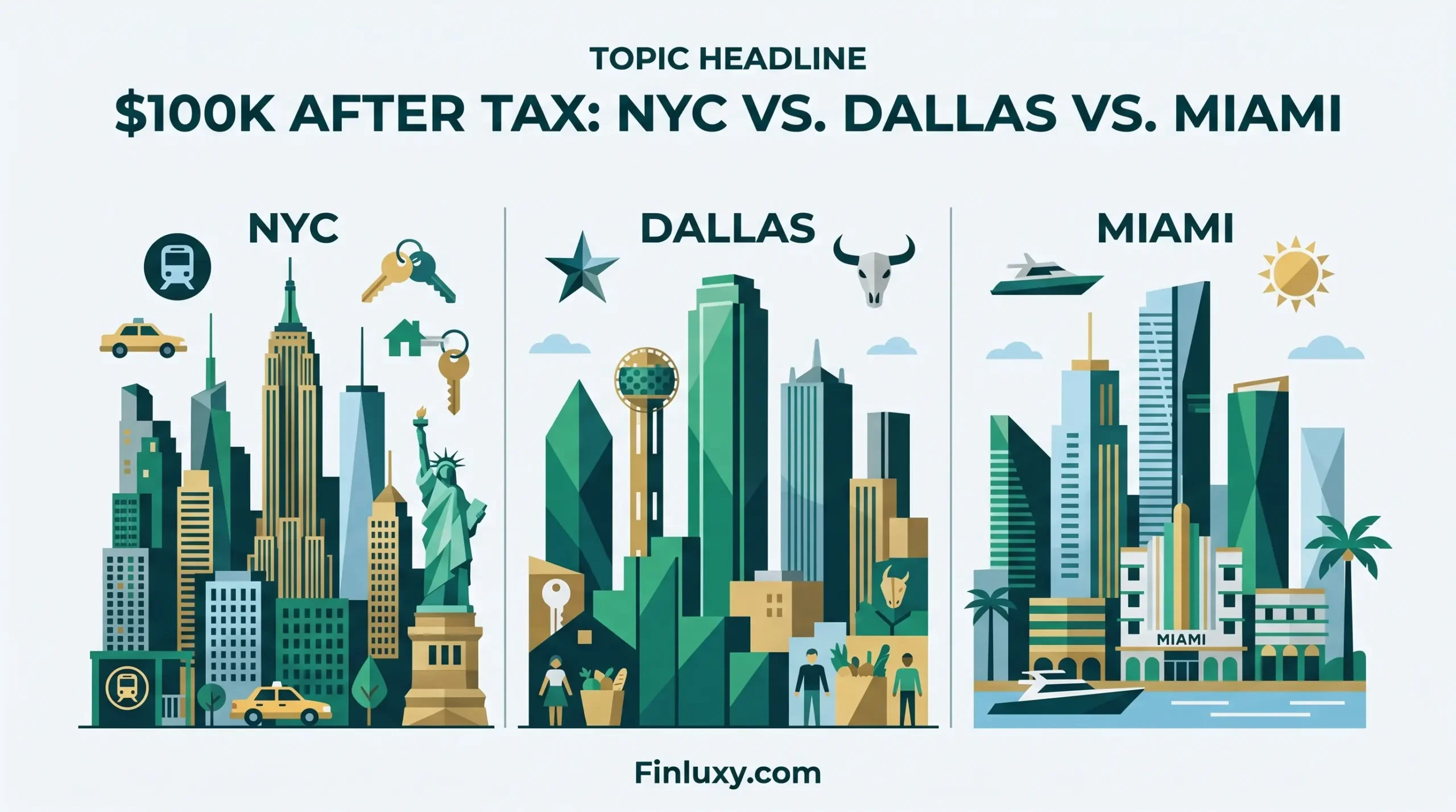 Geometric vector illustration comparing NYC, Dallas, and Miami skylines for a personal finance article, featuring Finluxy.com at the bottom.