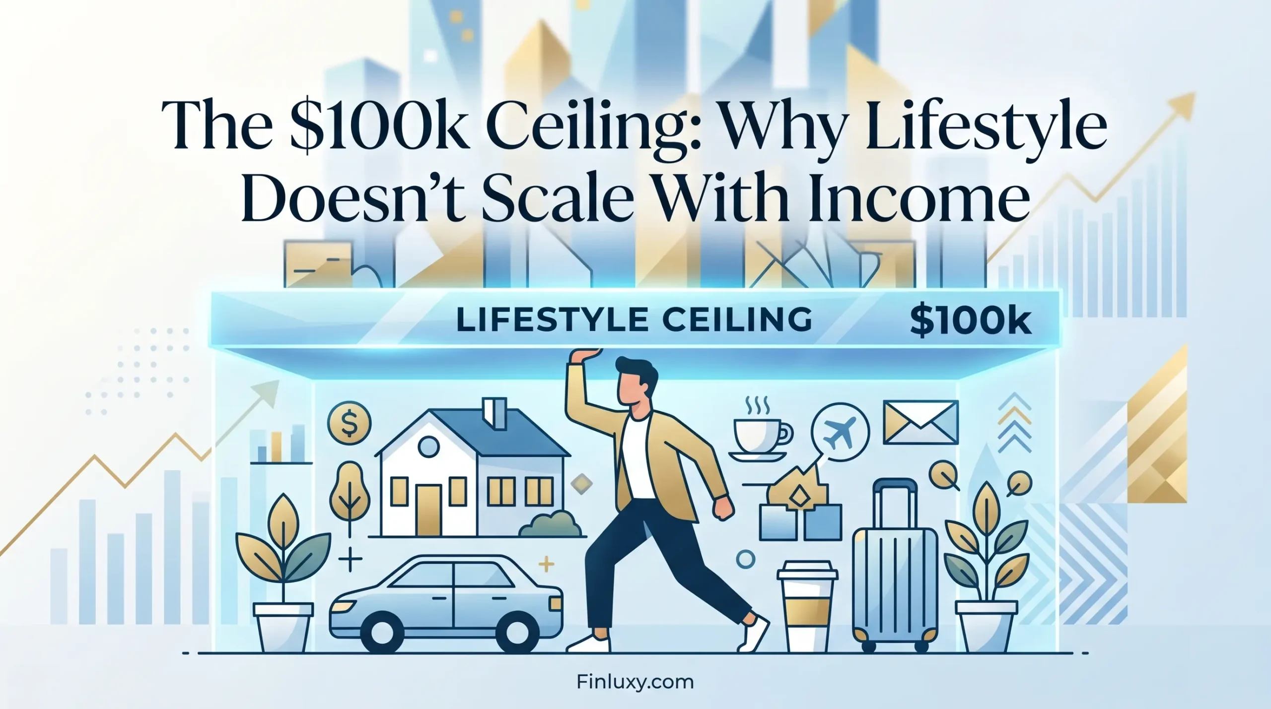 Geometric vector illustration of a person holding up a glass ceiling containing lifestyle symbols beneath a skyline background.