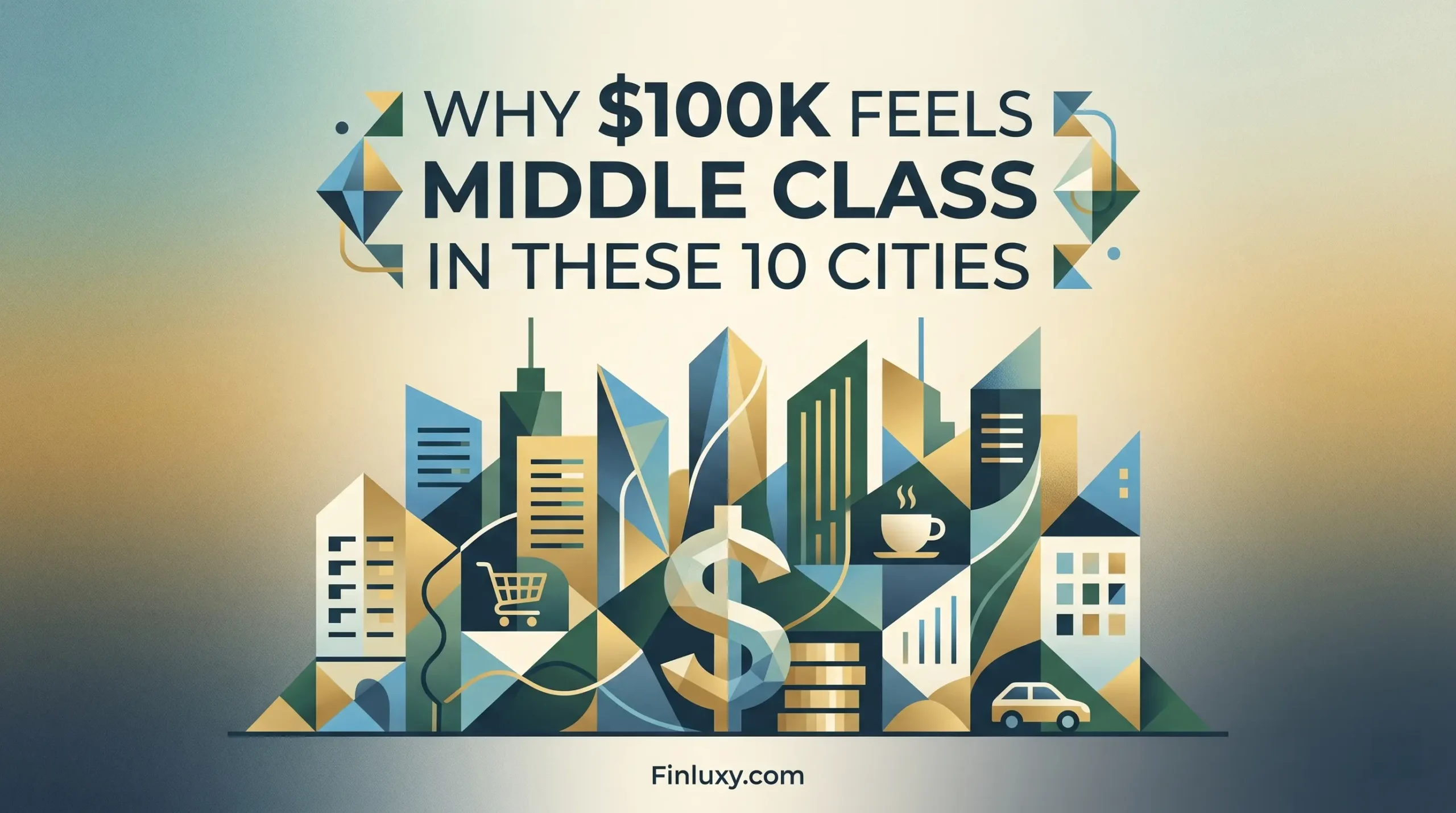Geometric vector illustration of a modern city skyline with a dollar sign, featuring the headline "Why $100k Feels Middle Class in These 10 Cities".