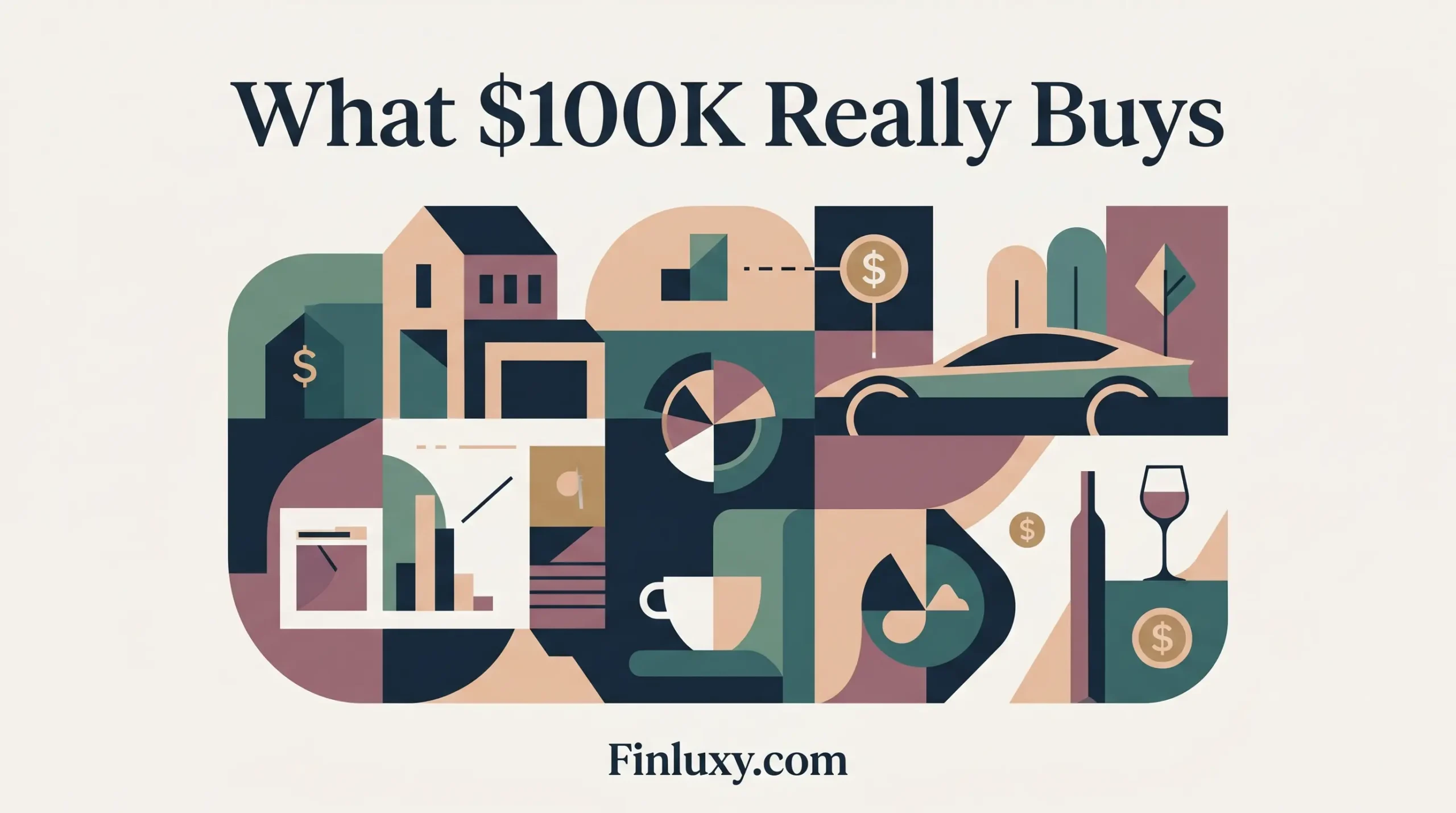 Geometric vector illustration representing purchasing choices like housing and a car, titled "What $100K Really Buys" with Finluxy.com below.