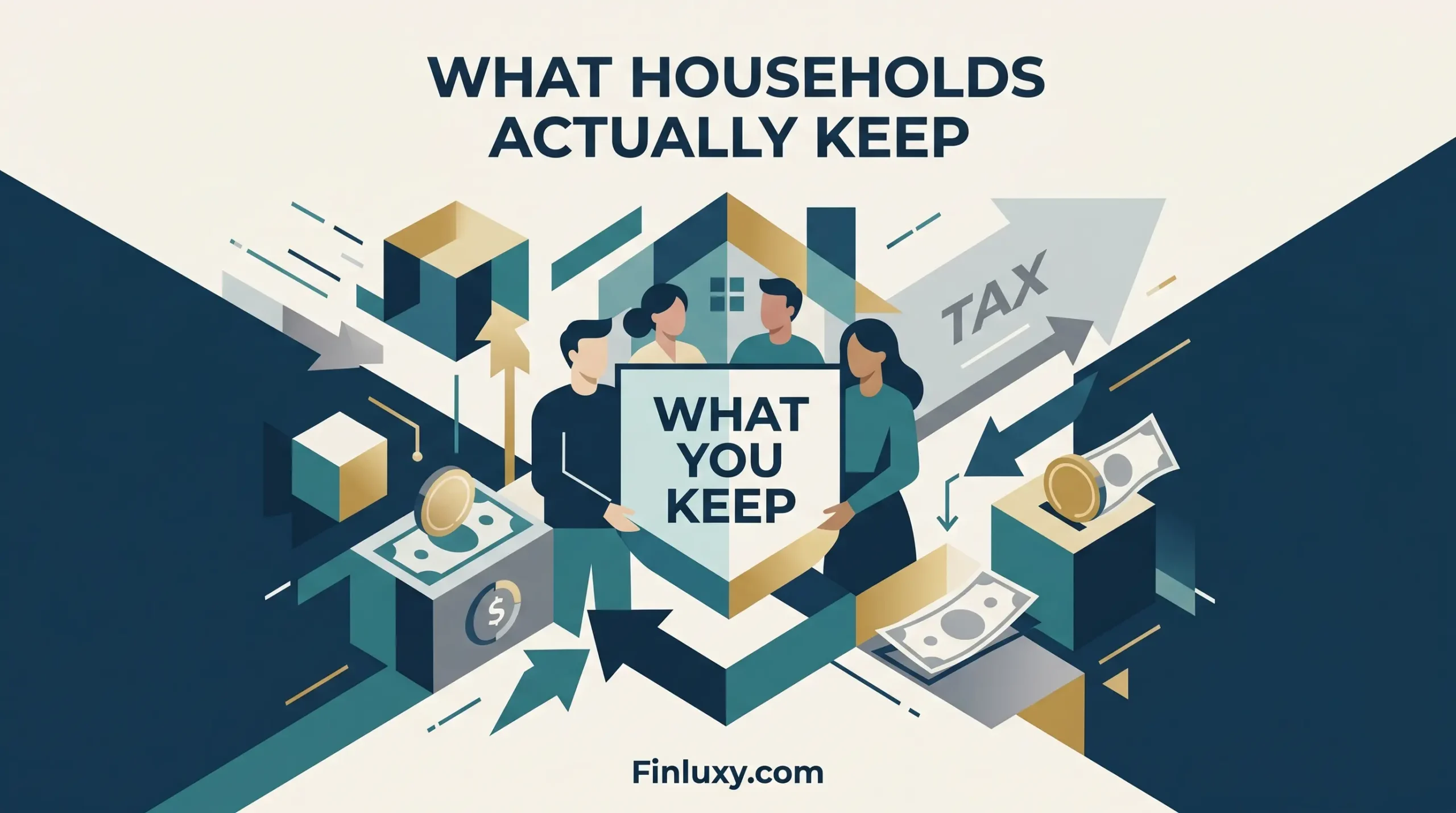 Geometric vector illustration of a household holding a shield labeled "What You Keep," surrounded by abstract financial elements.