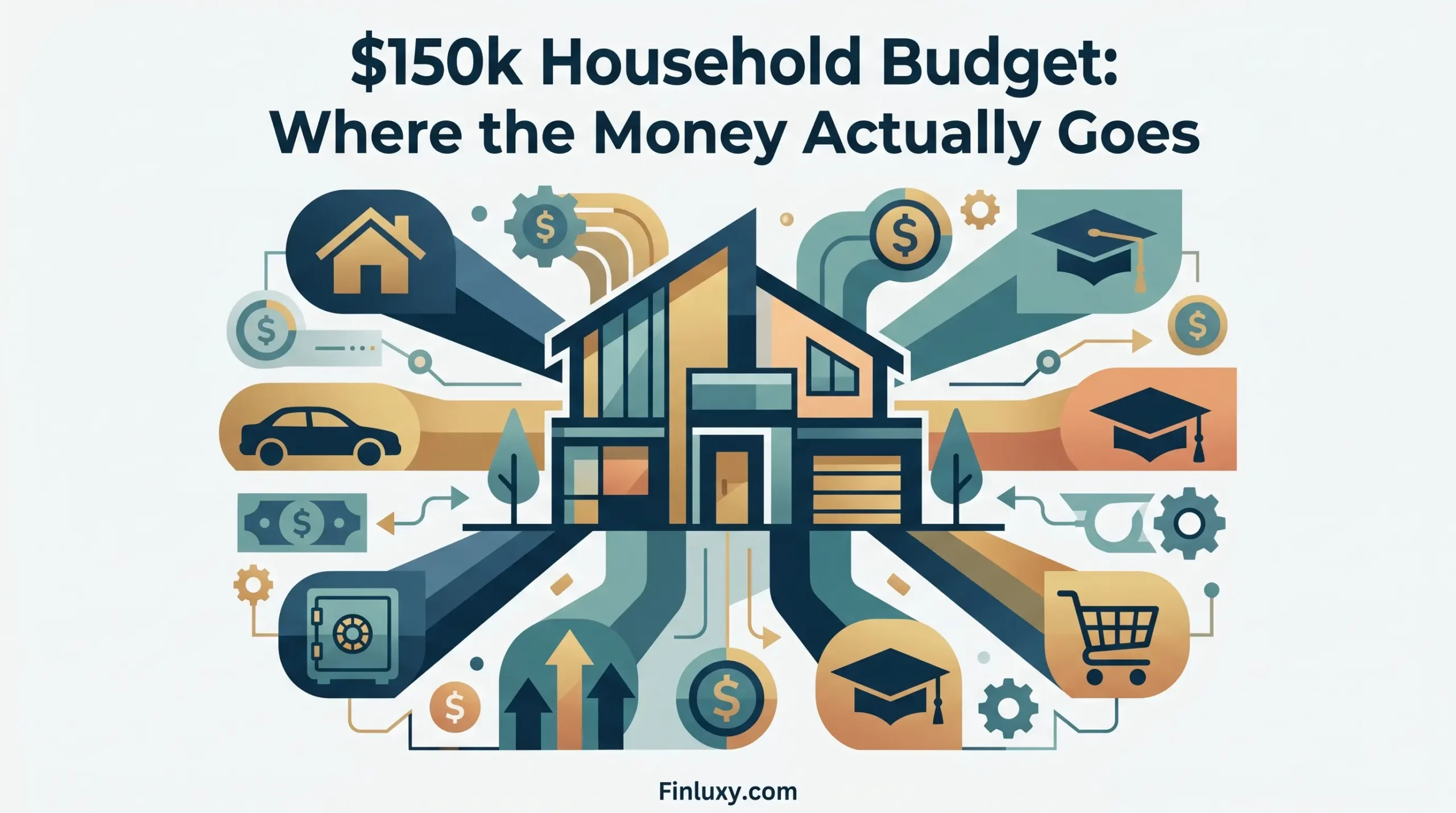 Geometric vector illustration of a modern house surrounded by pathways and icons for housing, transport, education, and savings, for Finluxy.