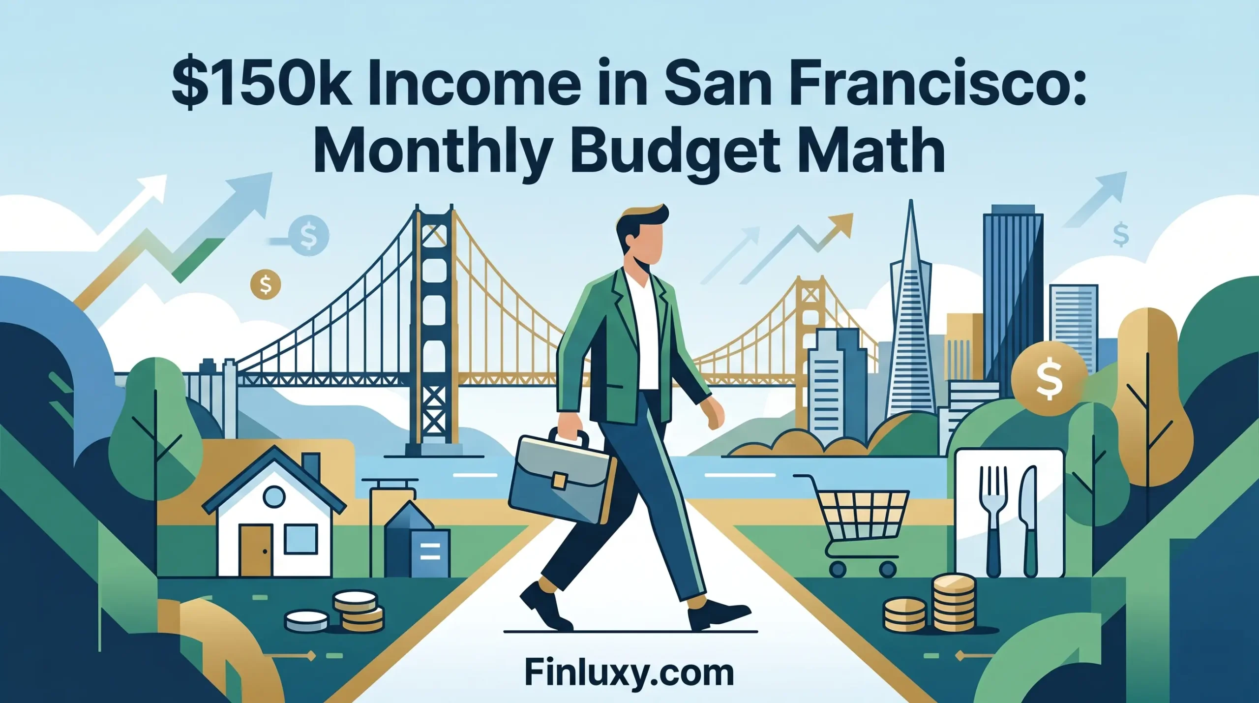 Geometric vector illustration of a professional in San Francisco with budget icons, the Golden Gate Bridge, and the Finluxy logo.