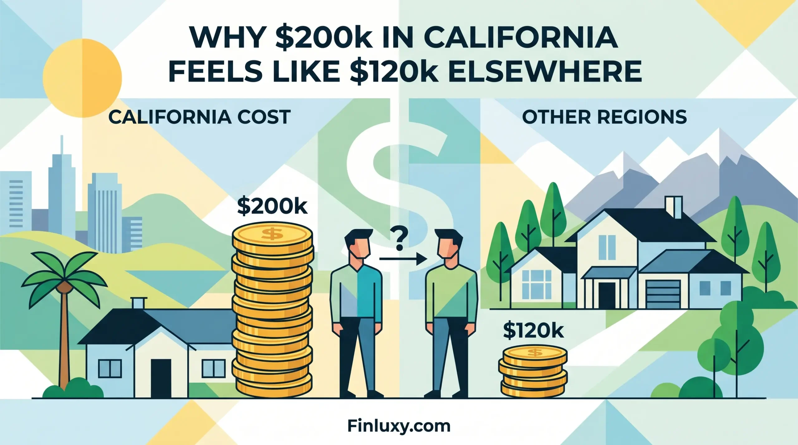 A geometric vector illustration comparing cost of living, featuring stacks of coins representing different values next to houses.
