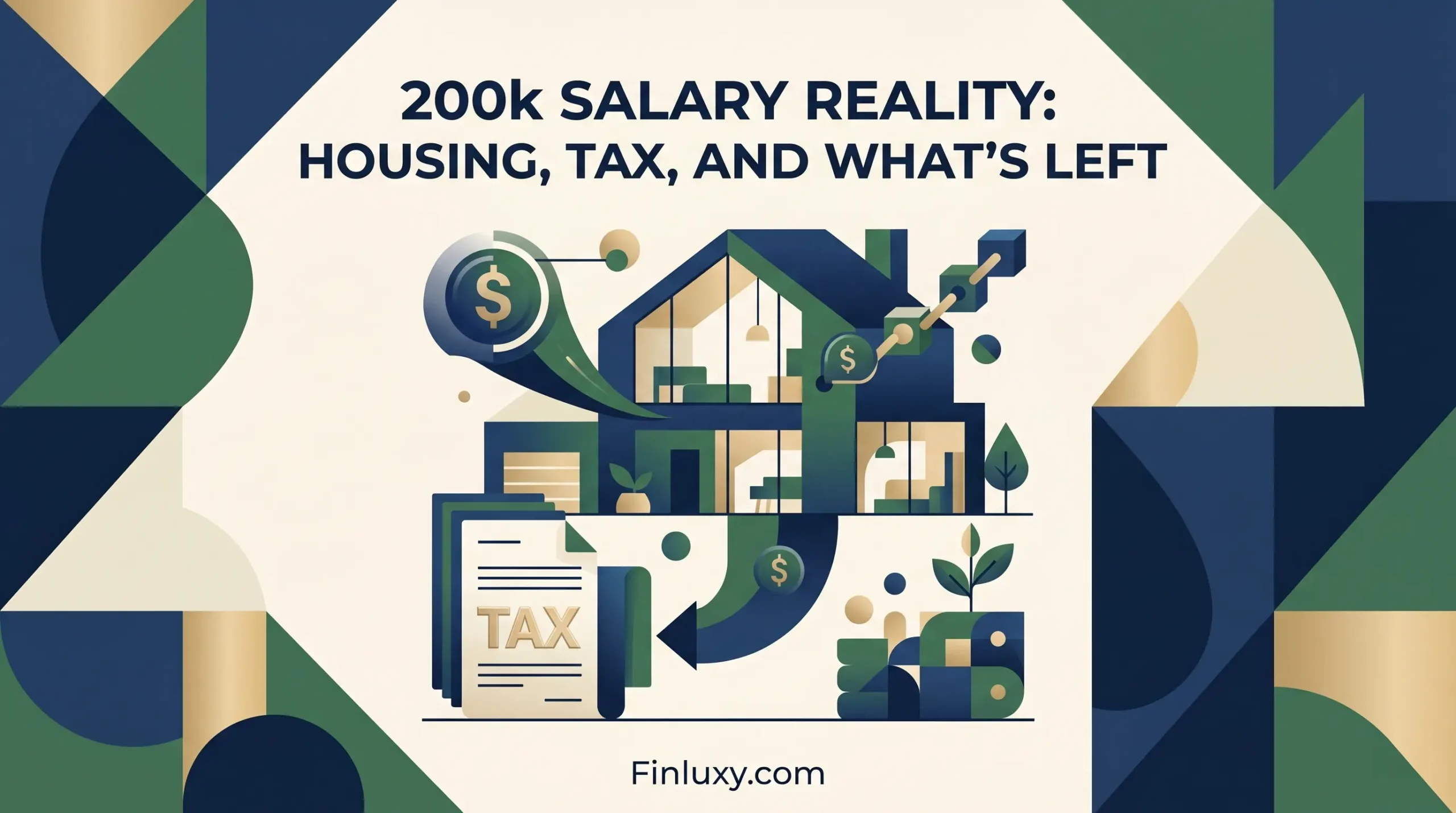 Geometric vector illustration featuring a modern house, a tax document, and finance elements with the headline "$200k Salary Reality."