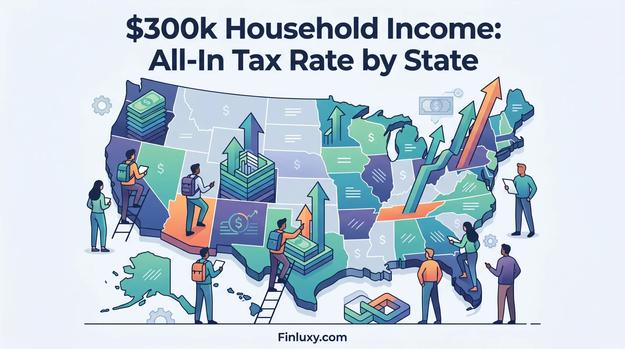 Geometric vector map of the US with people climbing rising graphs and currency symbols, visualizing different tax rates by state.