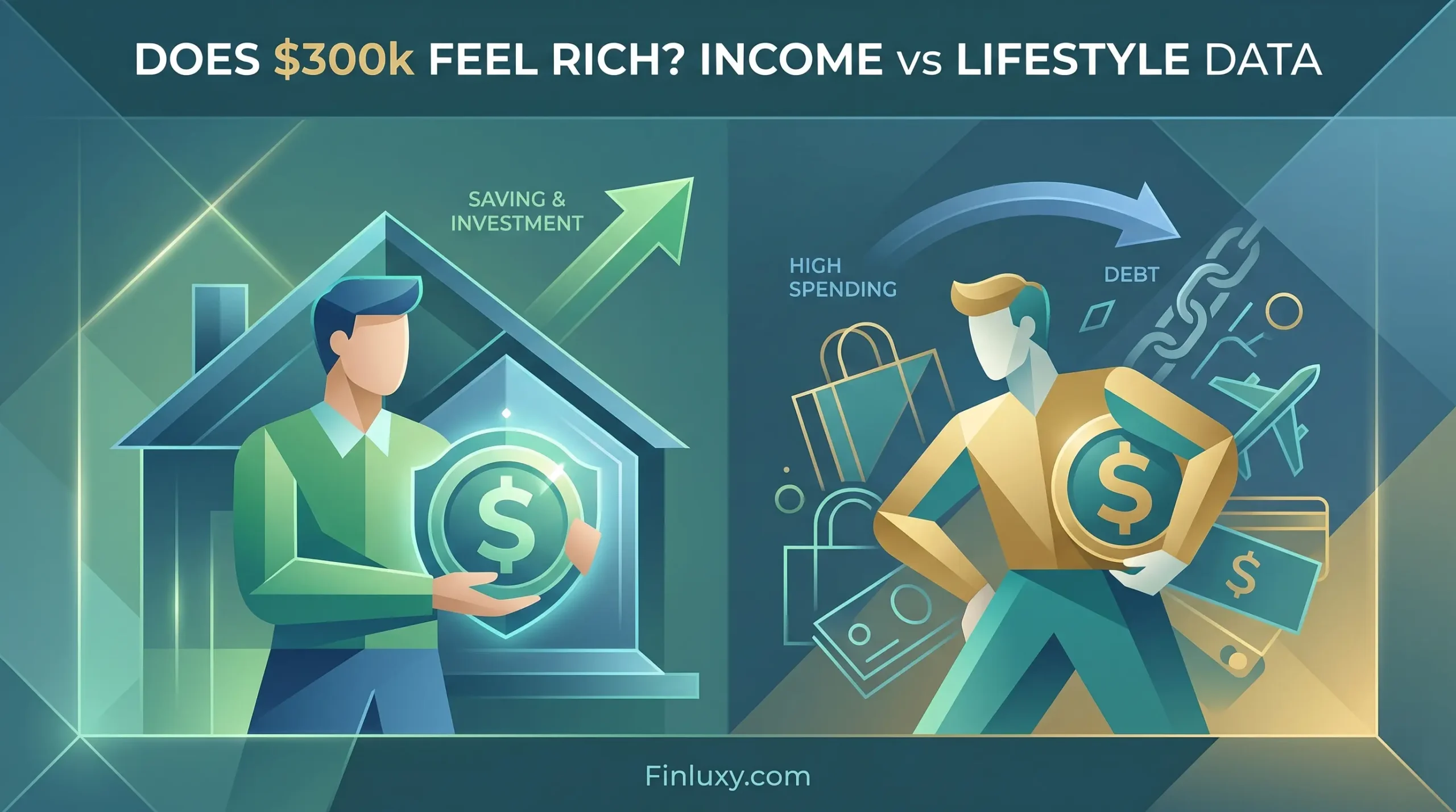 Geometric illustration contrasting an investor building wealth with a high-spender surrounded by debt, titled "Does $300k Feel Rich?".