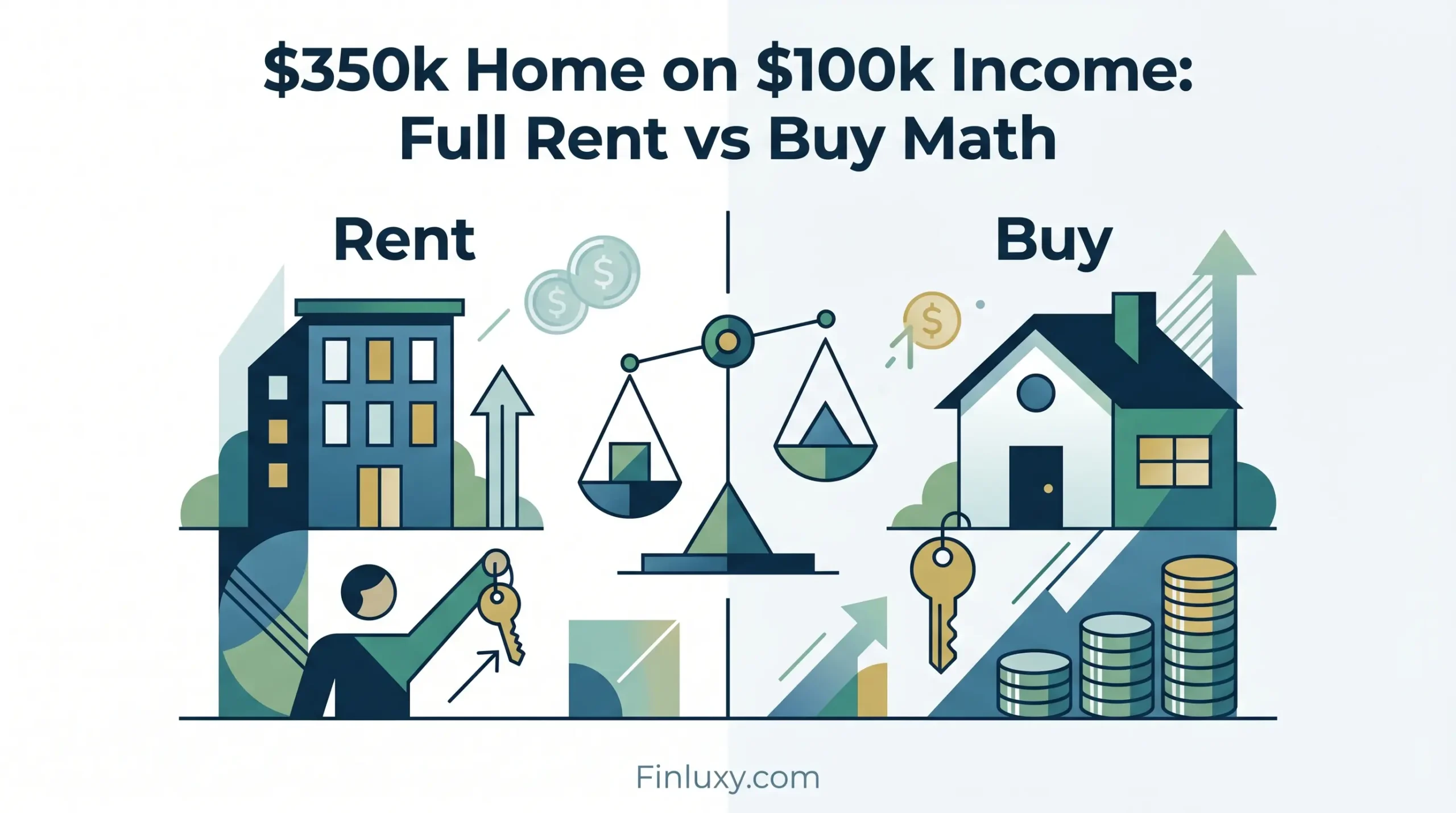 Geometric vector graphic comparing renting an apartment versus buying a house on a balance scale, featuring the headline and website URL.