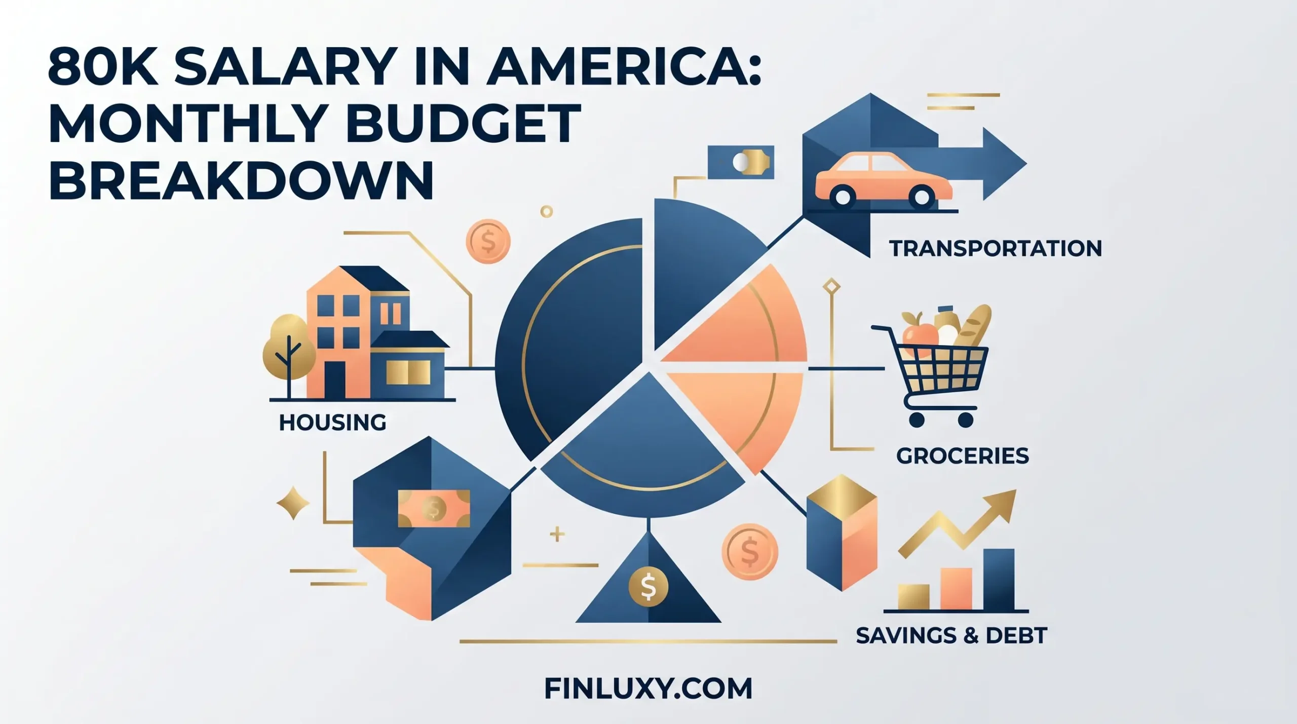 Geometric vector illustration of a budget pie chart with financial category icons, article headline text, and Finluxy.com at the bottom.