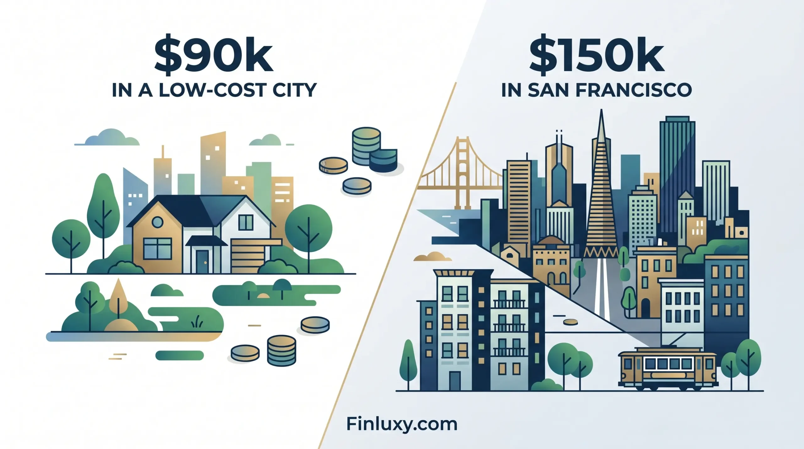 Geometric vector illustration comparing a spacious suburban house with coins to a dense San Francisco skyline with a cable car.