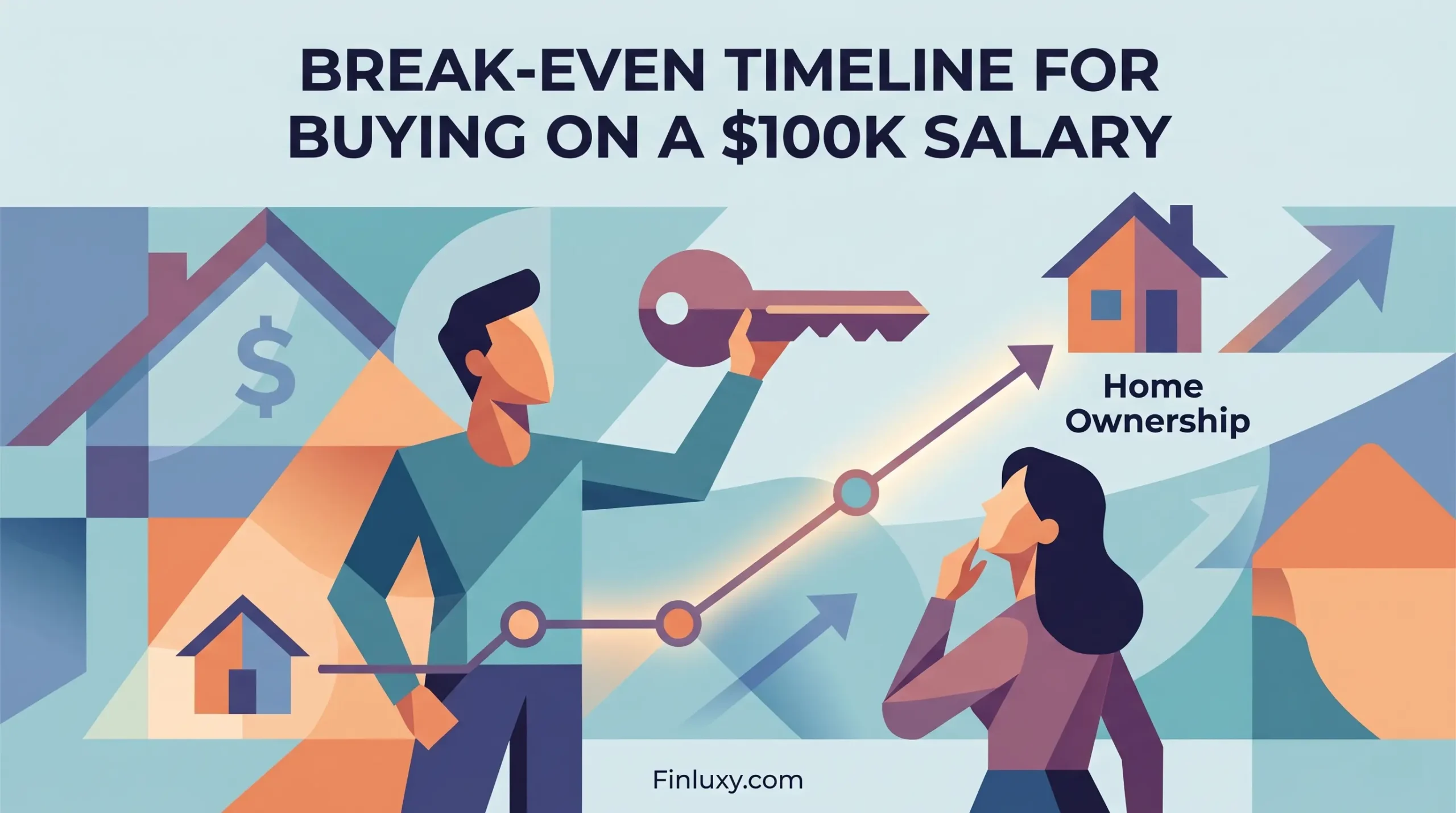 Geometric vector illustration of a couple planning for home ownership, featuring a rising arrow timeline, a key, and house icons.