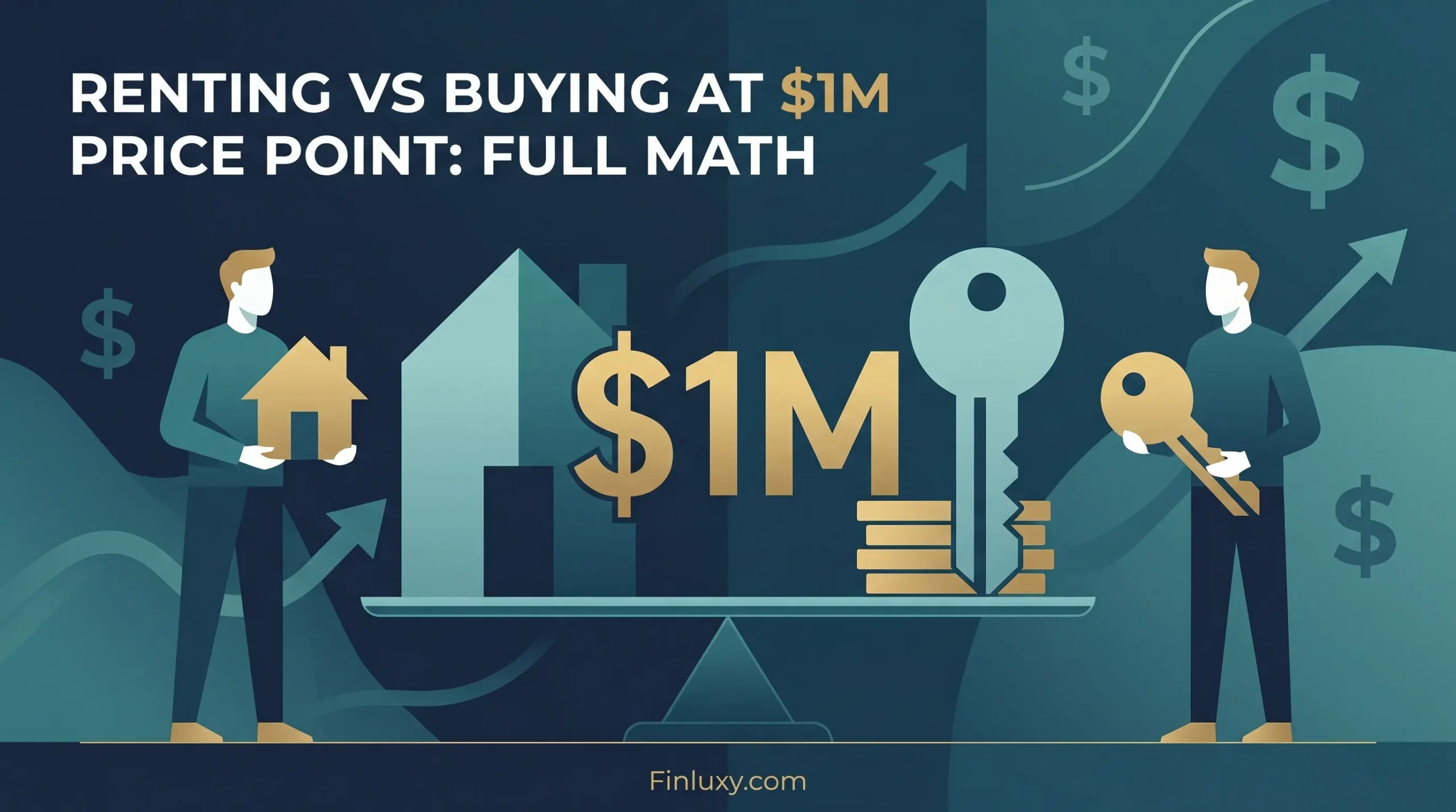 Geometric vector illustration balancing a house and keys on a scale, comparing renting versus buying a one million dollar property.