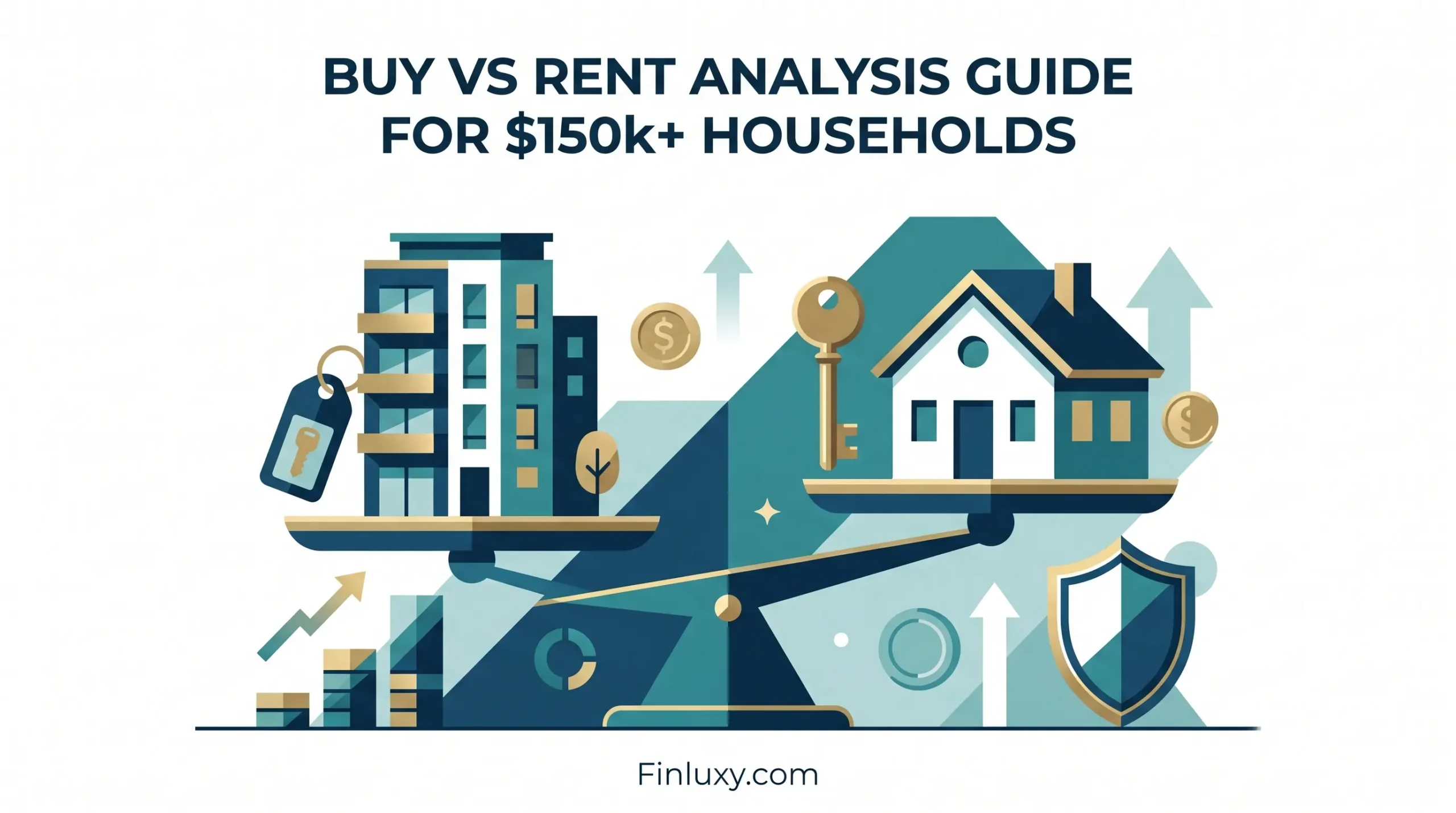 Geometric illustration of a balance scale weighing an apartment against a house, representing the buy versus rent decision.