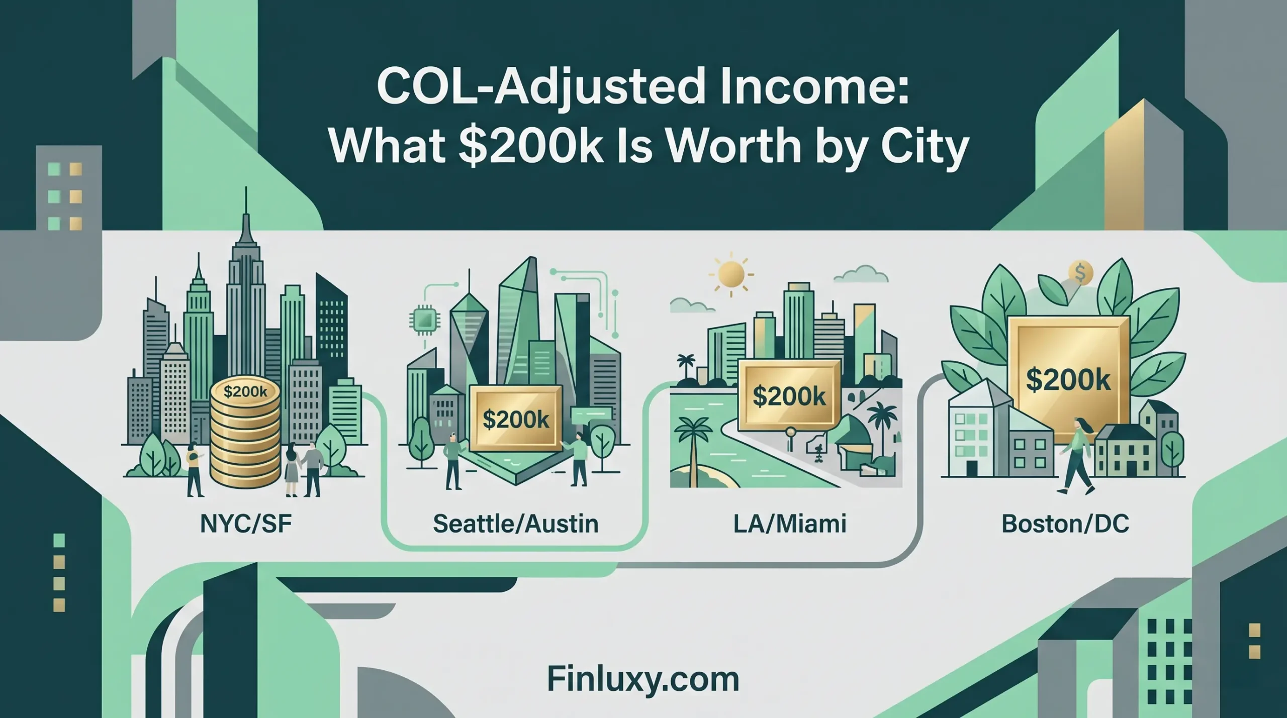 Geometric vector illustration comparing the relative value of a 200k income across different stylized city skyline graphics for Finluxy.com.
