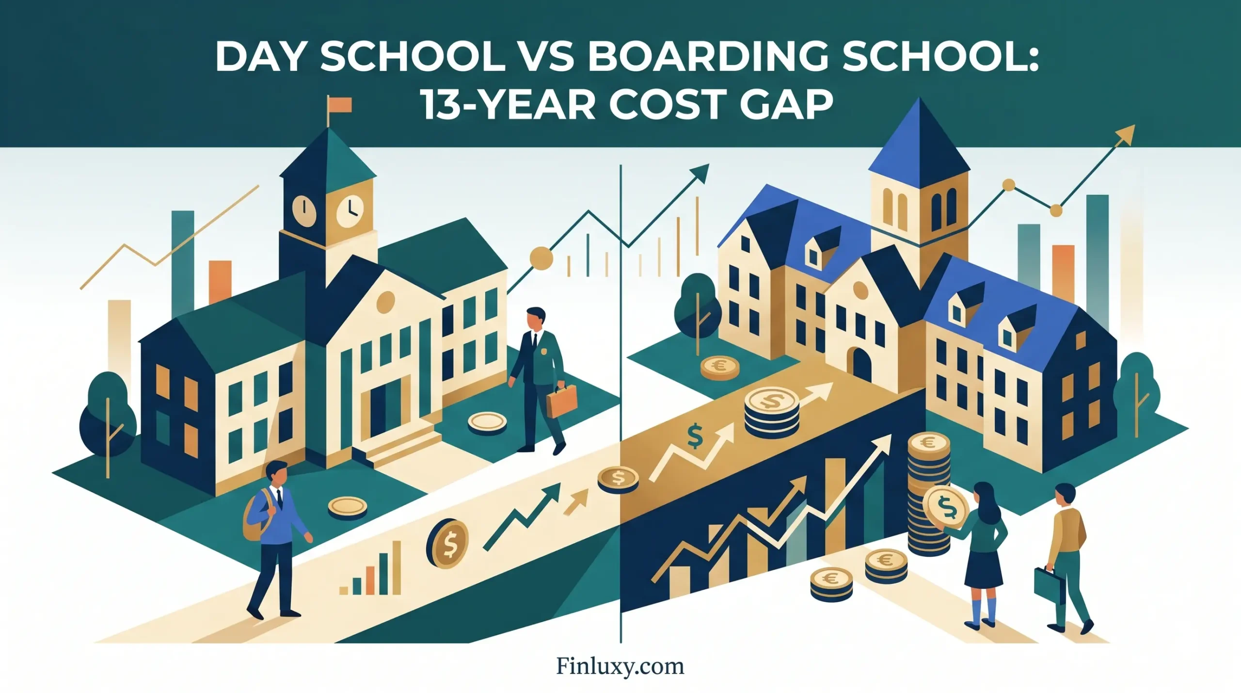 Geometric vector illustration comparing day and boarding school costs, featuring school buildings, students, coins, and the Finluxy.com logo.