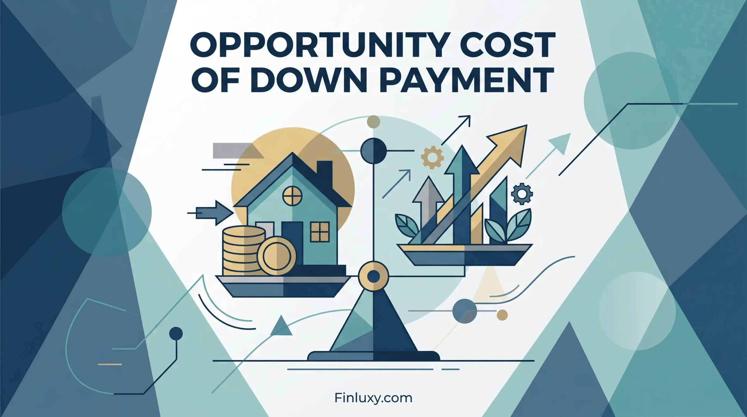 Geometric illustration showing a balance scale weighing a house with coins against growth arrows, titled 'Opportunity Cost of Down Payment'.