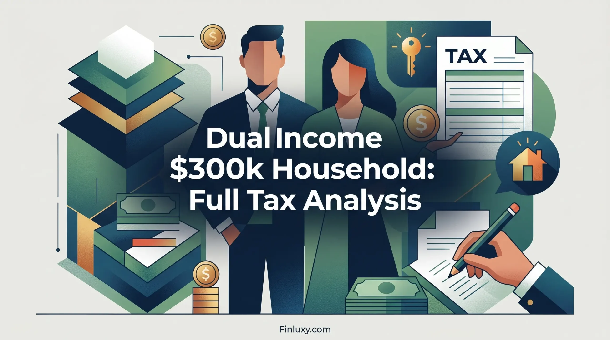 Geometric vector illustration of a professional couple with tax forms and financial elements, featuring the headline text about a $300k household tax analysis.