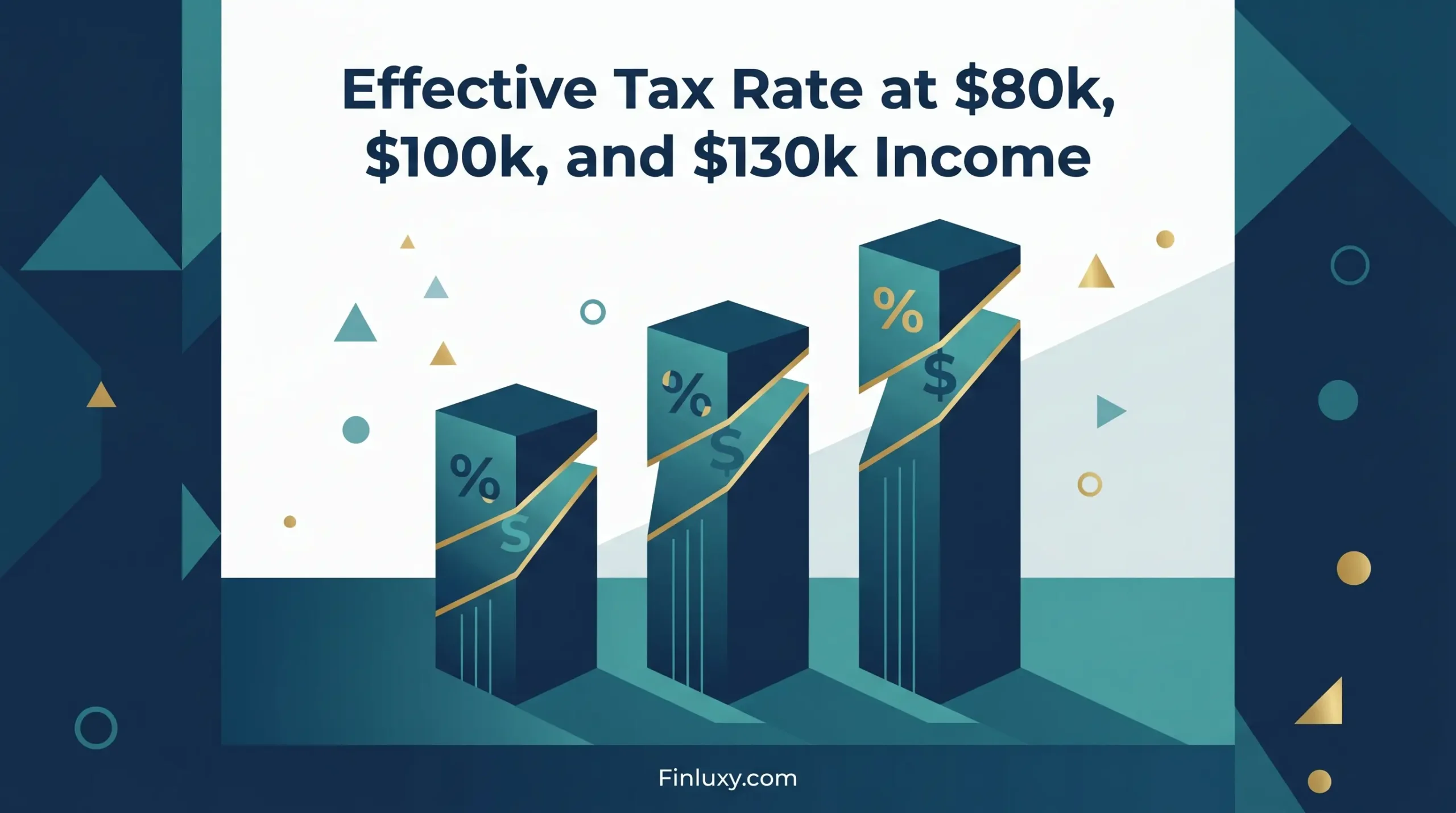 Geometric vector illustration comparing effective tax rates for three different income levels using abstract rising pillars and symbols.