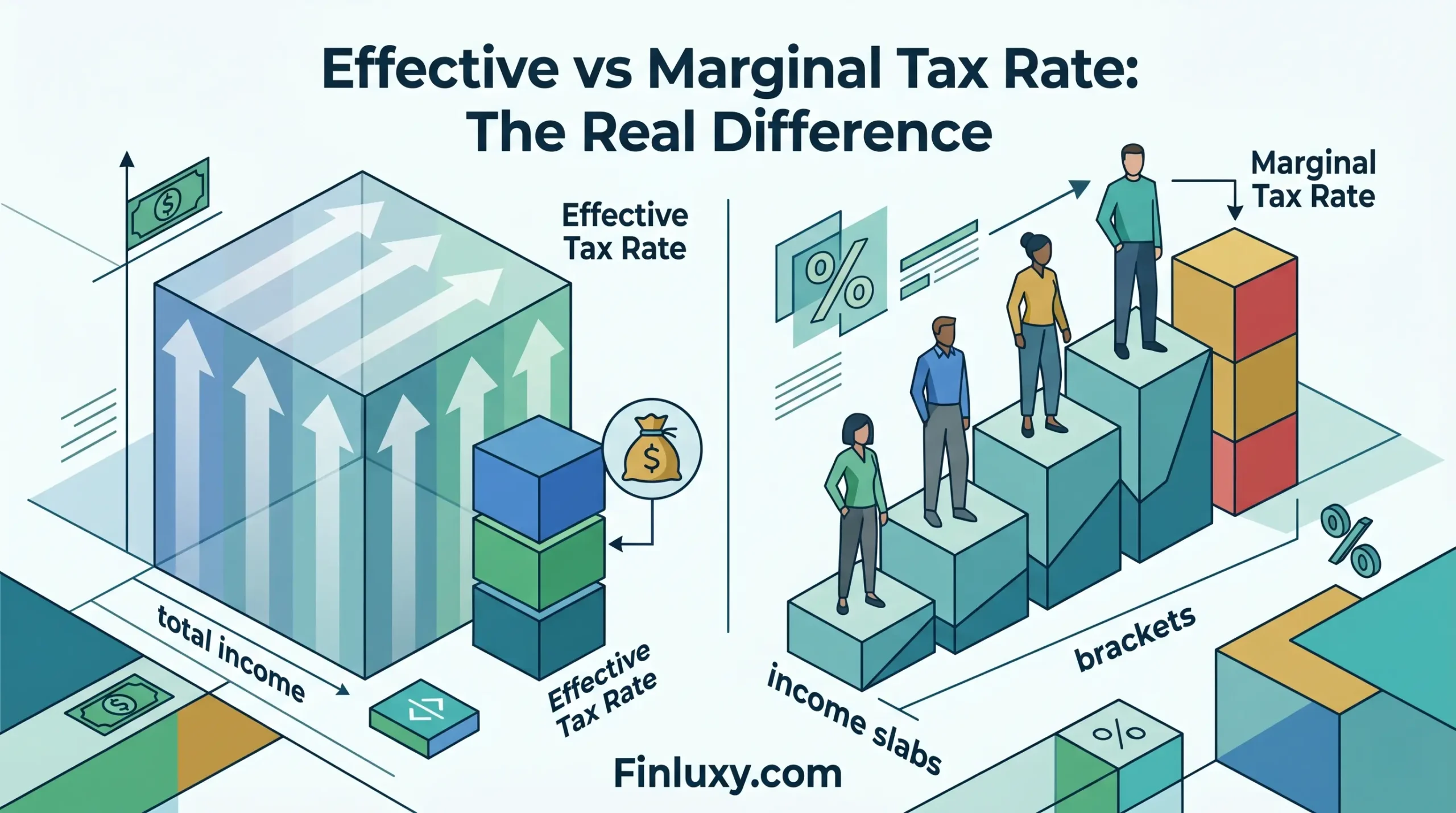 Geometric vector illustration comparing total income blocks with tiered tax brackets, featuring diverse people and the Finluxy.com logo.