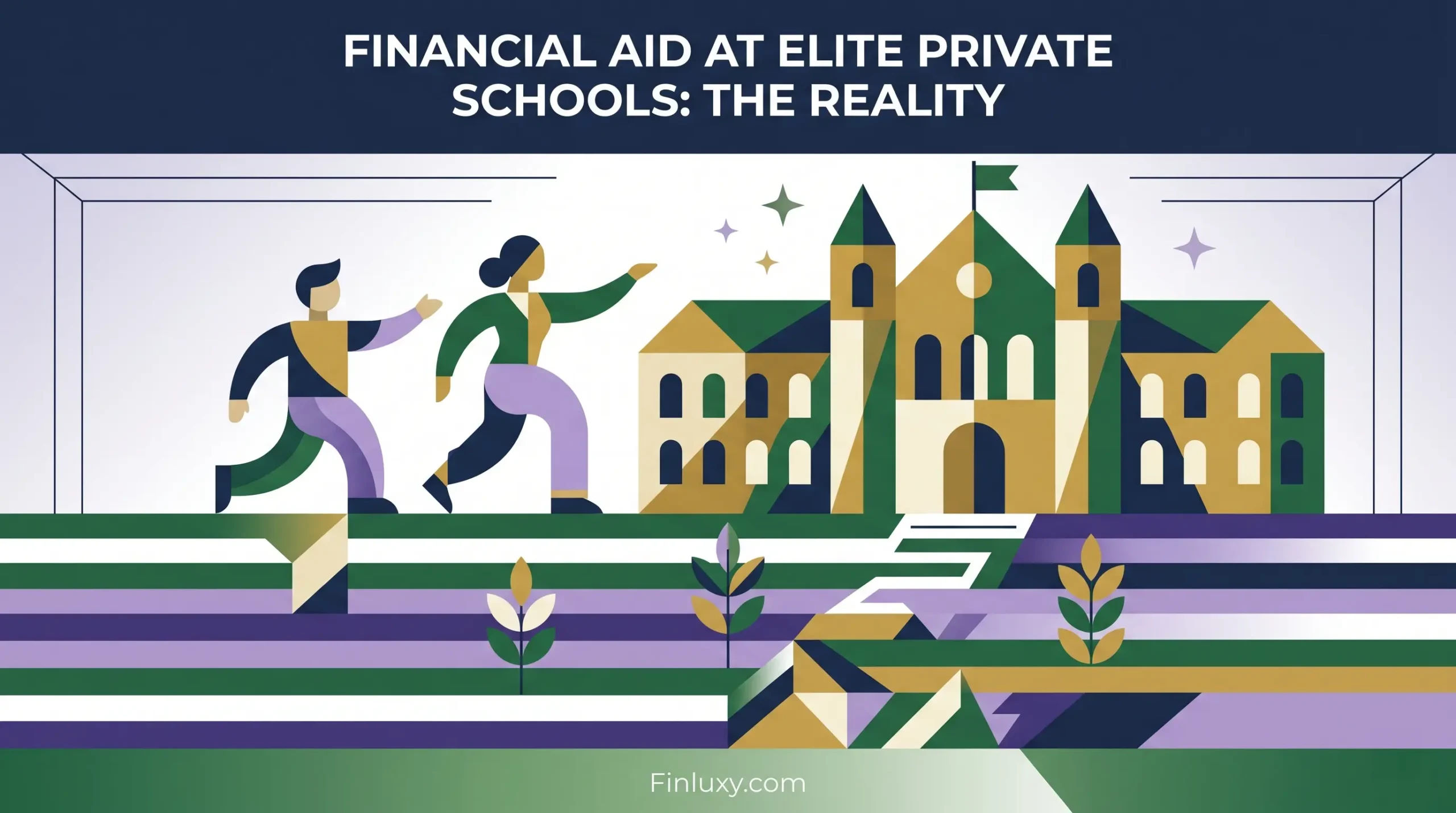Geometric vector illustration of two abstract figures walking toward an elite school building, styled for a modern financial magazine.