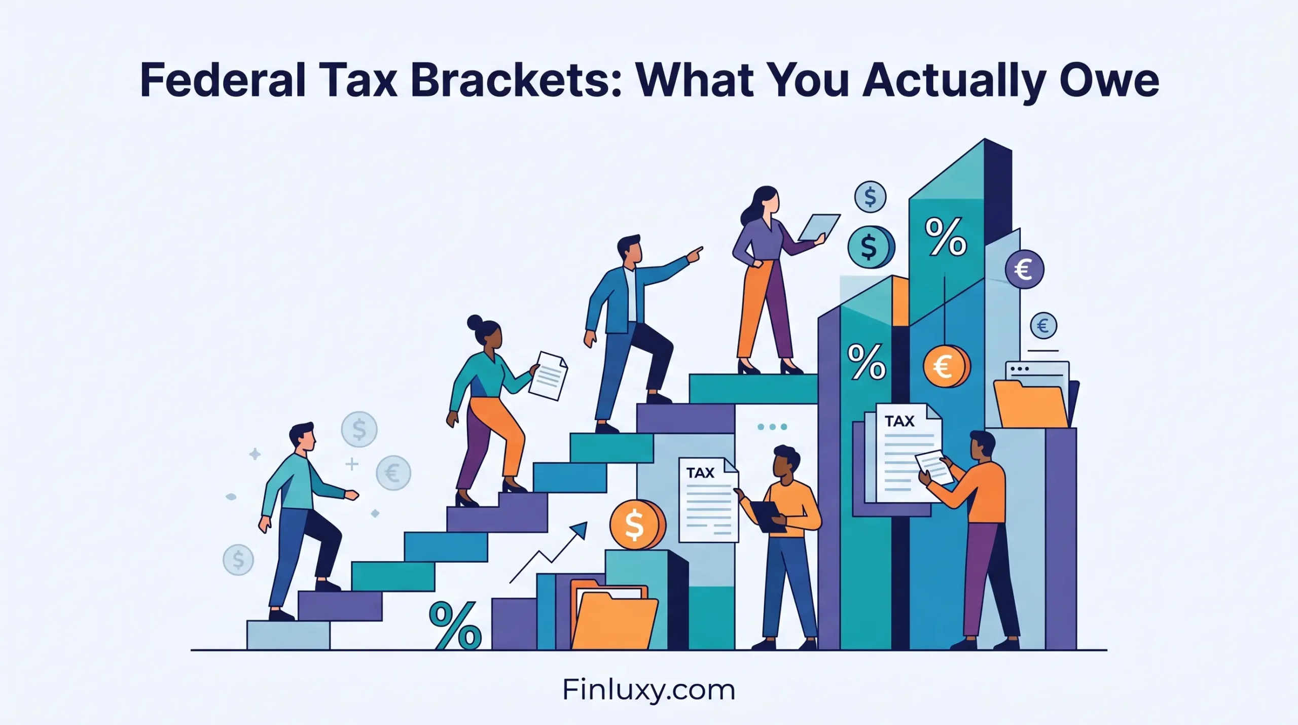 Geometric vector illustration of diverse people climbing a staircase graph of tax brackets, with Finluxy.com at the bottom.