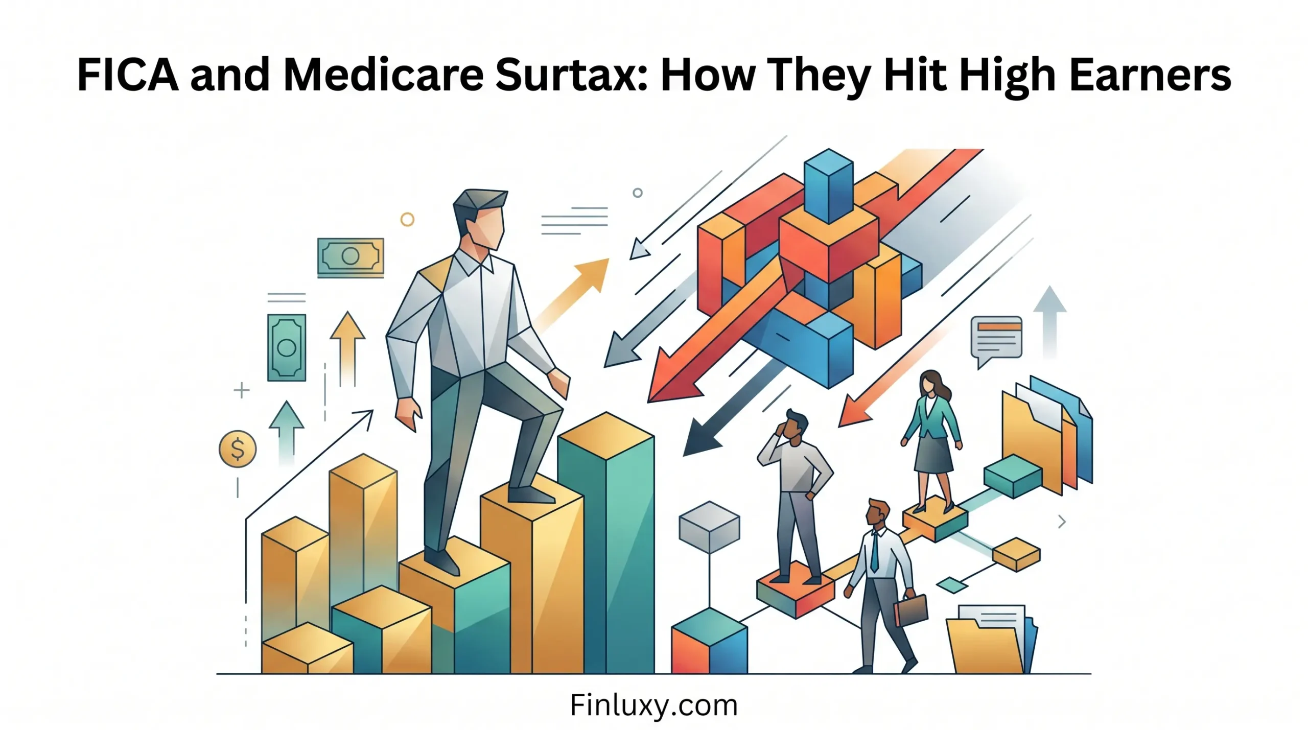 Geometric vector illustration of business professionals on rising blocks, facing incoming arrows representing taxes, with Finluxy.com at the bottom.