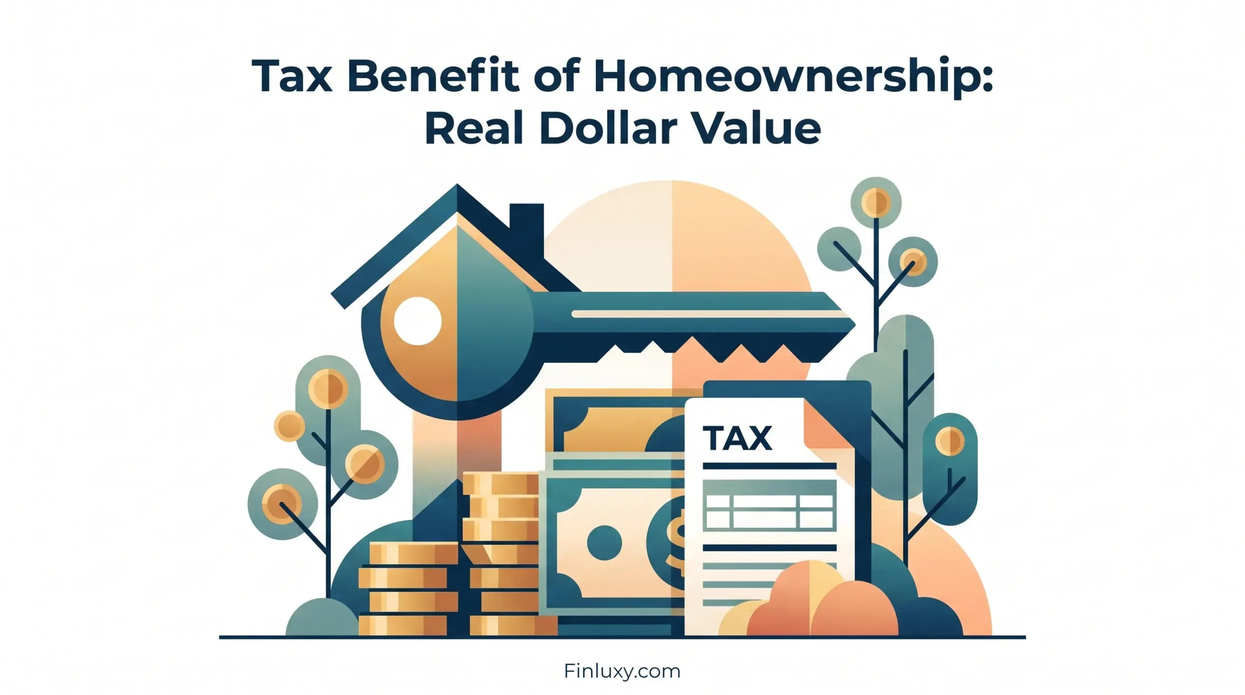 Geometric vector illustration of a house key, tax form, and coins, with the headline "Tax Benefit of Homeownership."