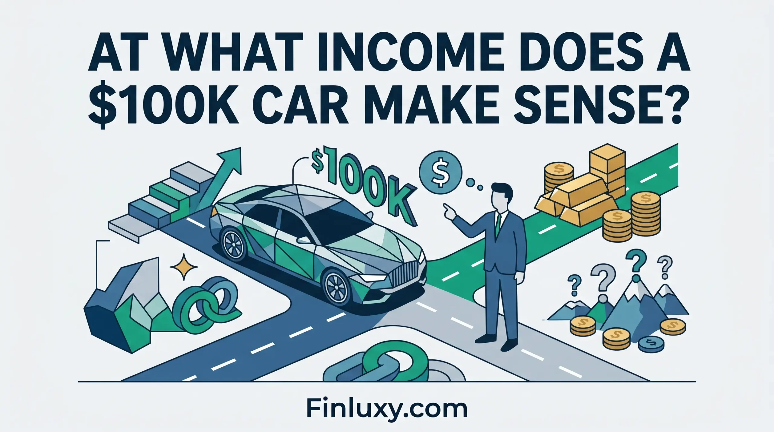 Geometric vector illustration of a person deciding on a luxury car purchase with financial elements, article headline, and Finluxy.com.