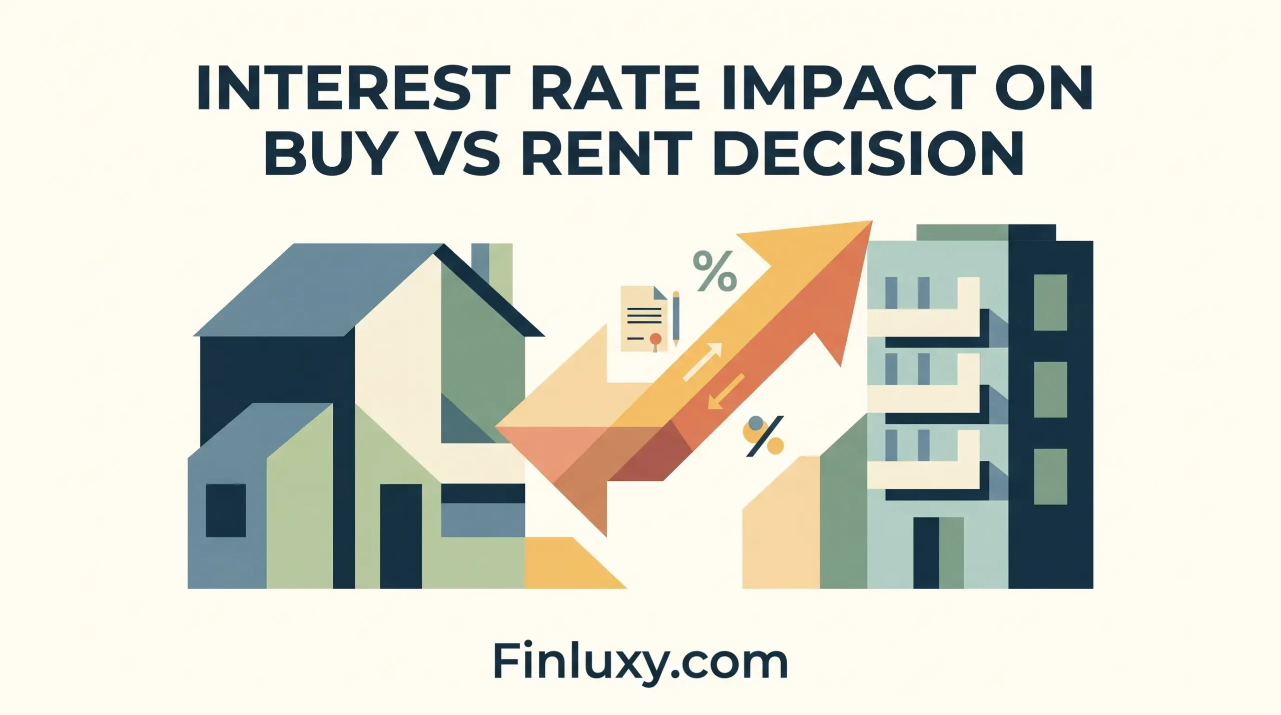 Geometric vector illustration comparing a house and an apartment building with arrows and percentage signs, for Finluxy.com.