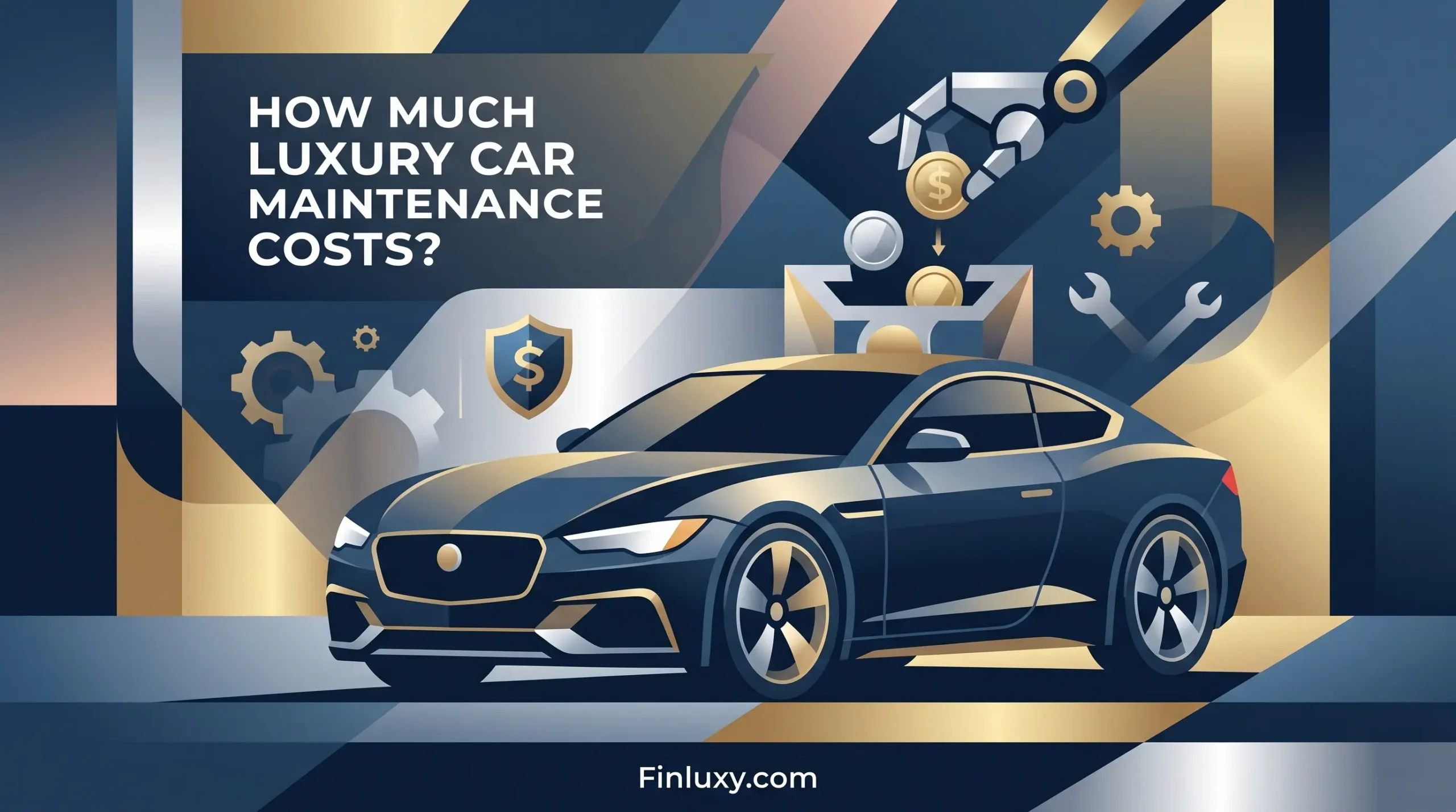 A dark blue geometric luxury car with coins and gears.