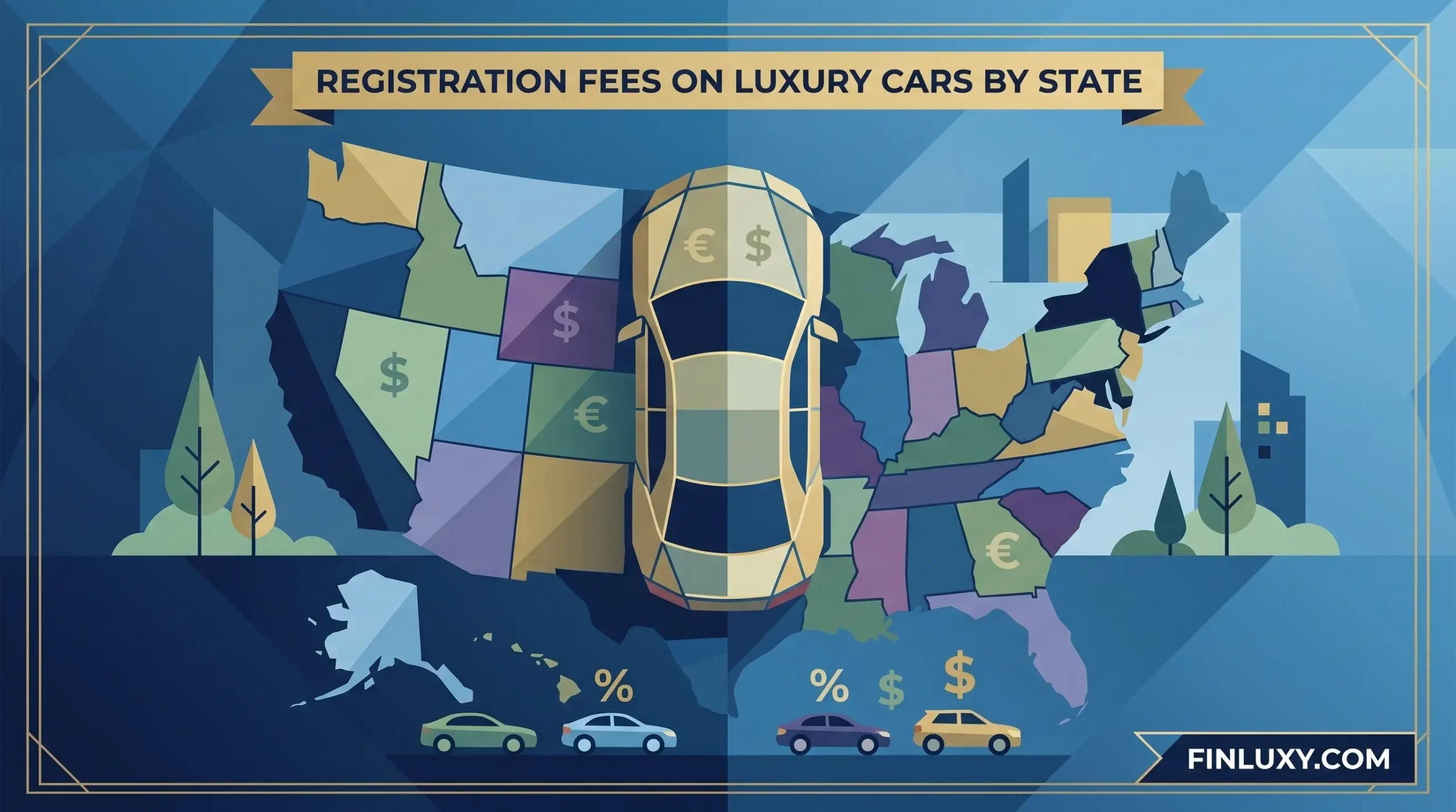 Geometric vector illustration of a United States map with a luxury car, finance symbols, and headline about state registration fees.