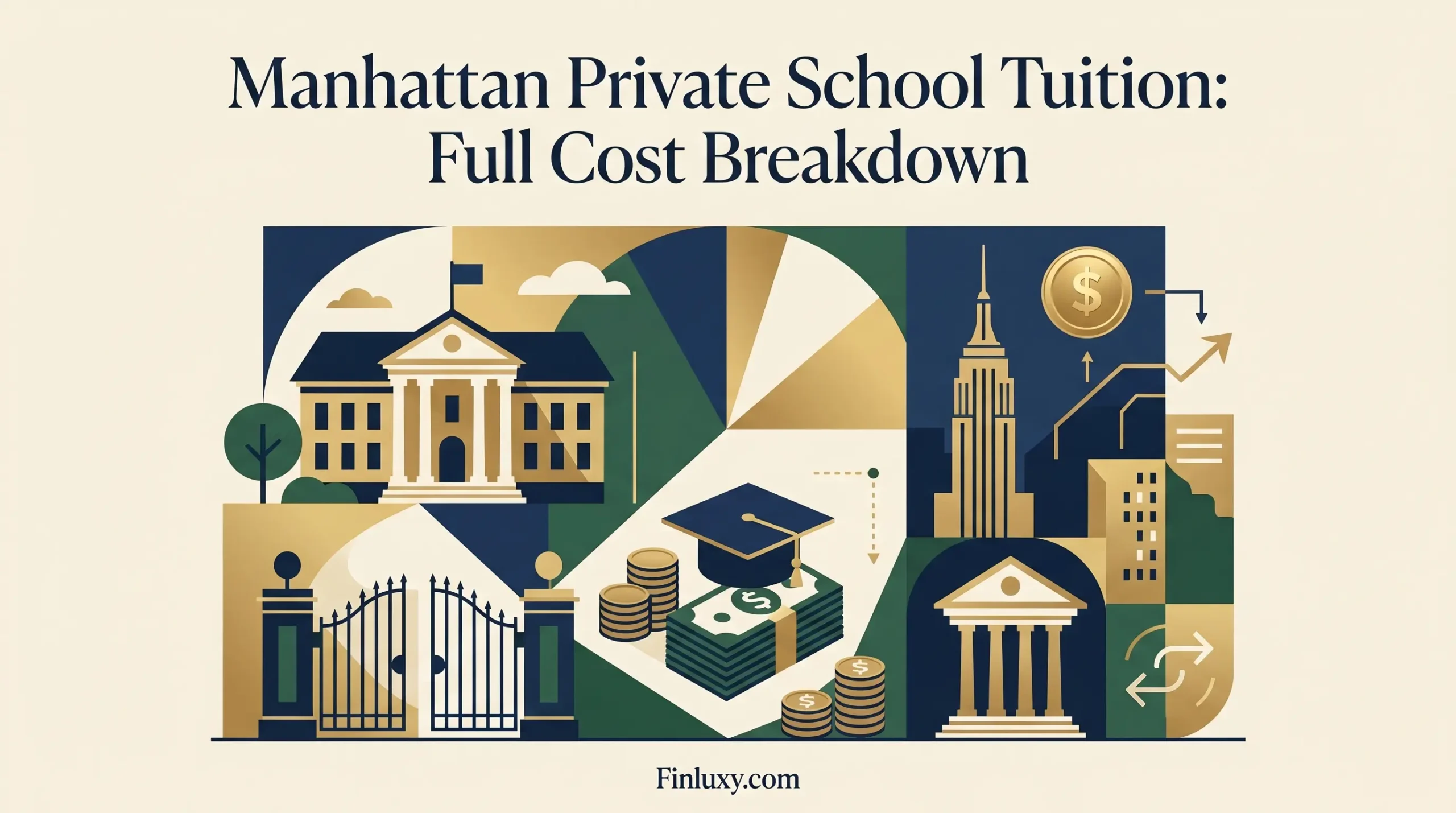 Geometric illustration of a school building, graduation cap, and currency stacks beneath the headline "Manhattan Private School Tuition: Full Cost Breakdown."