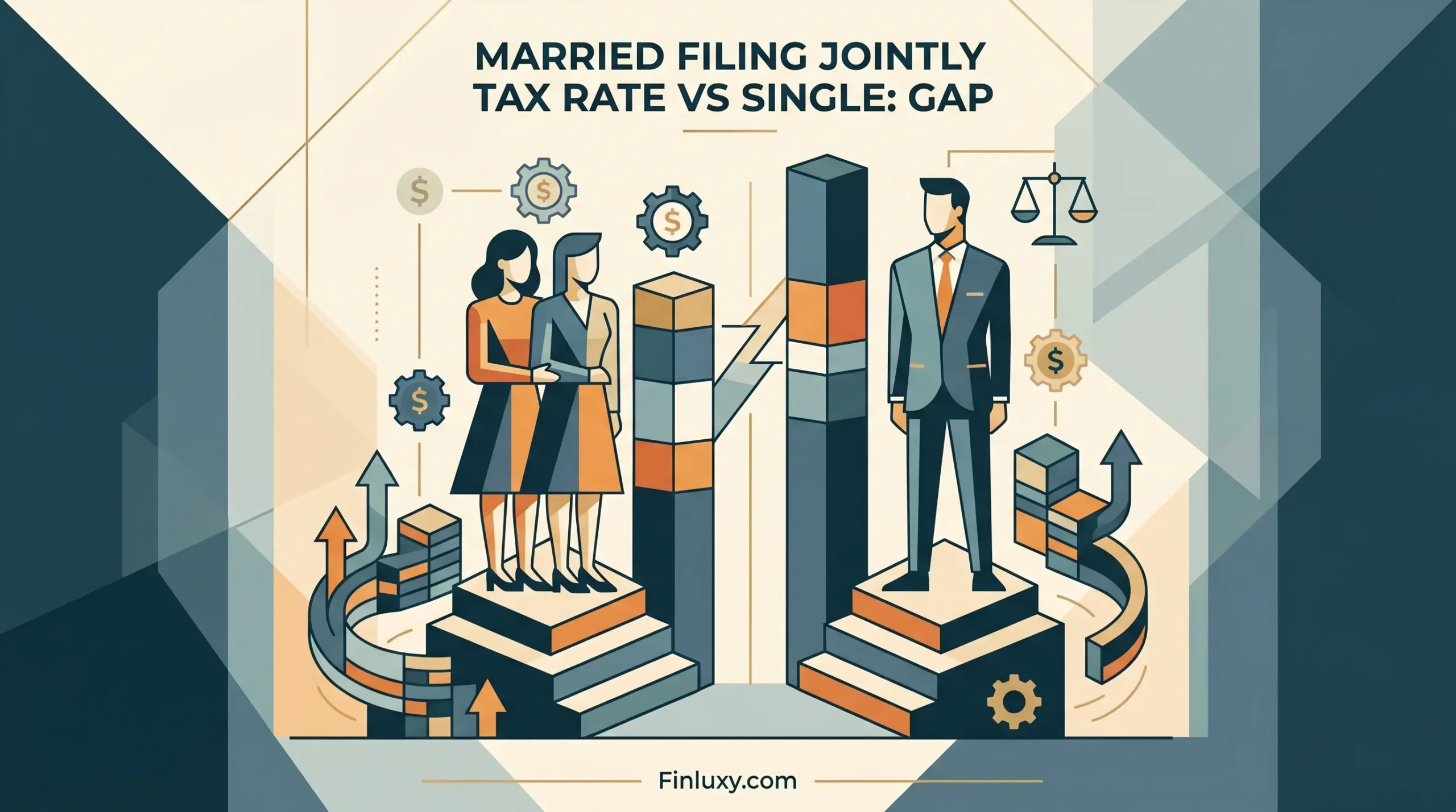 Geometric vector illustration comparing a married couple and a single individual on separate tax brackets, highlighting filing differences.