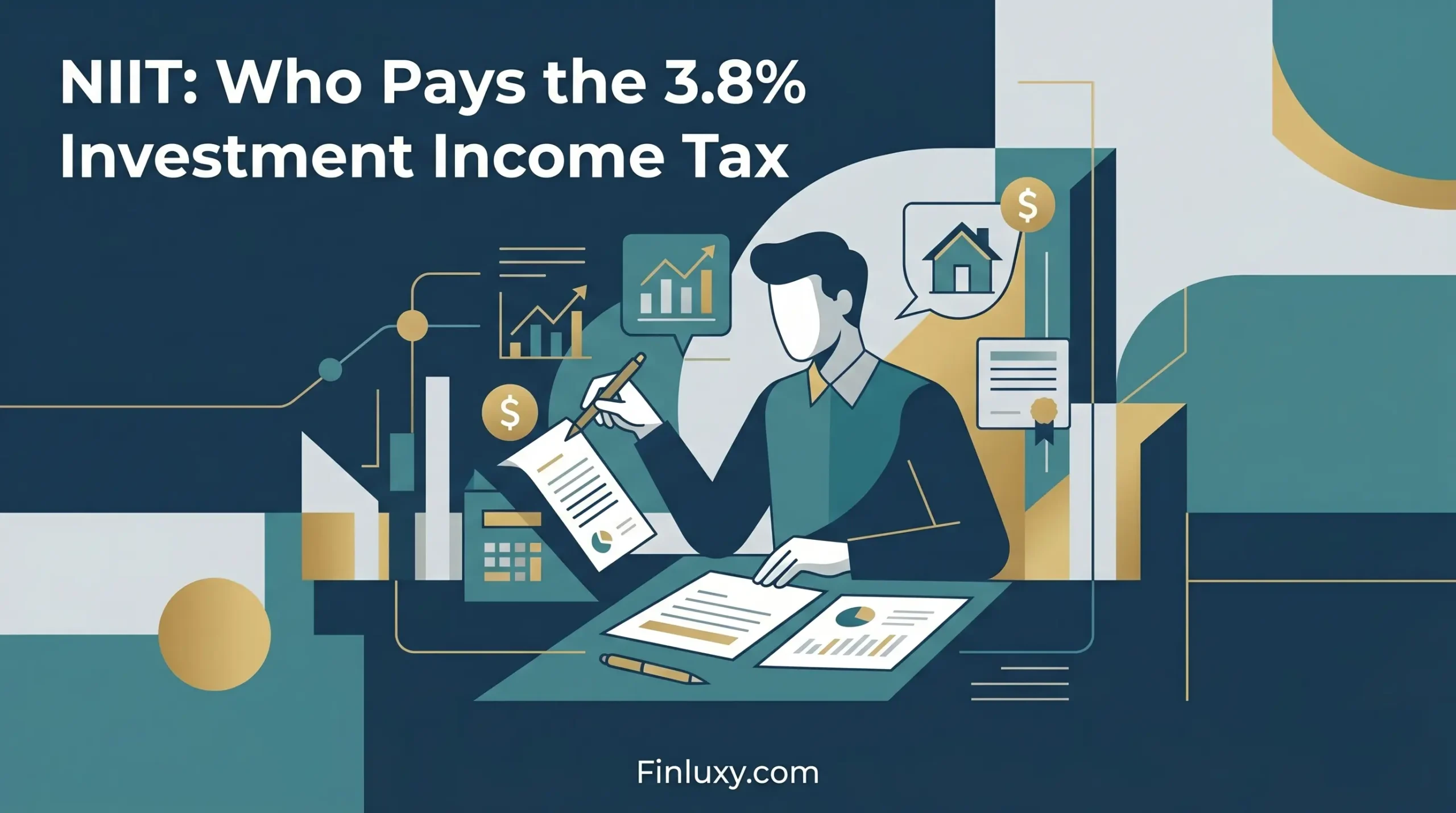 Modern geometric illustration of a person reviewing financial documents, featuring the headline "NIIT: Who Pays the 3.8% Investment Income Tax."