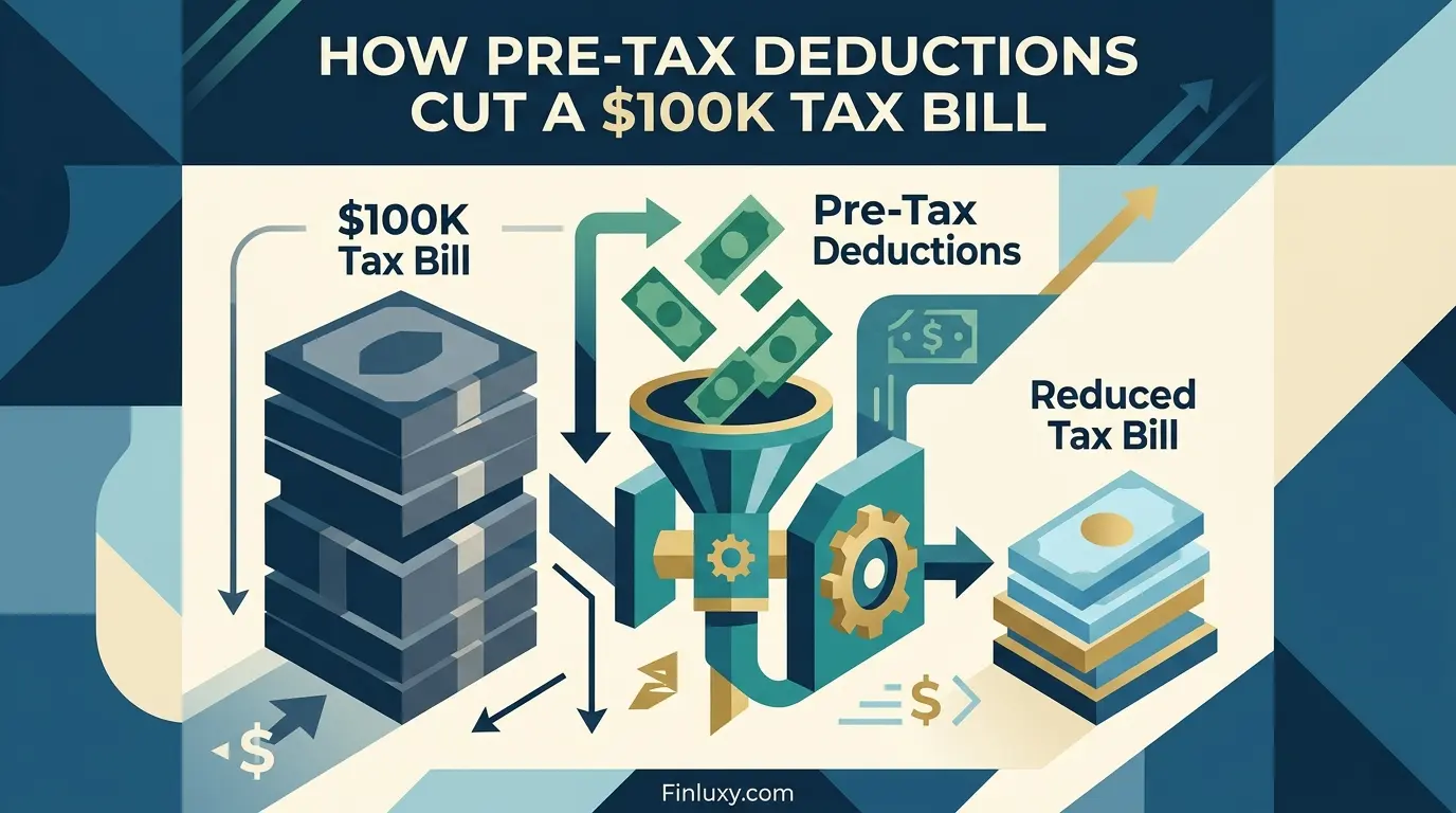 A vector illustration showing a large money stack labeled $100k Tax Bill being processed by gears to become a smaller stack.