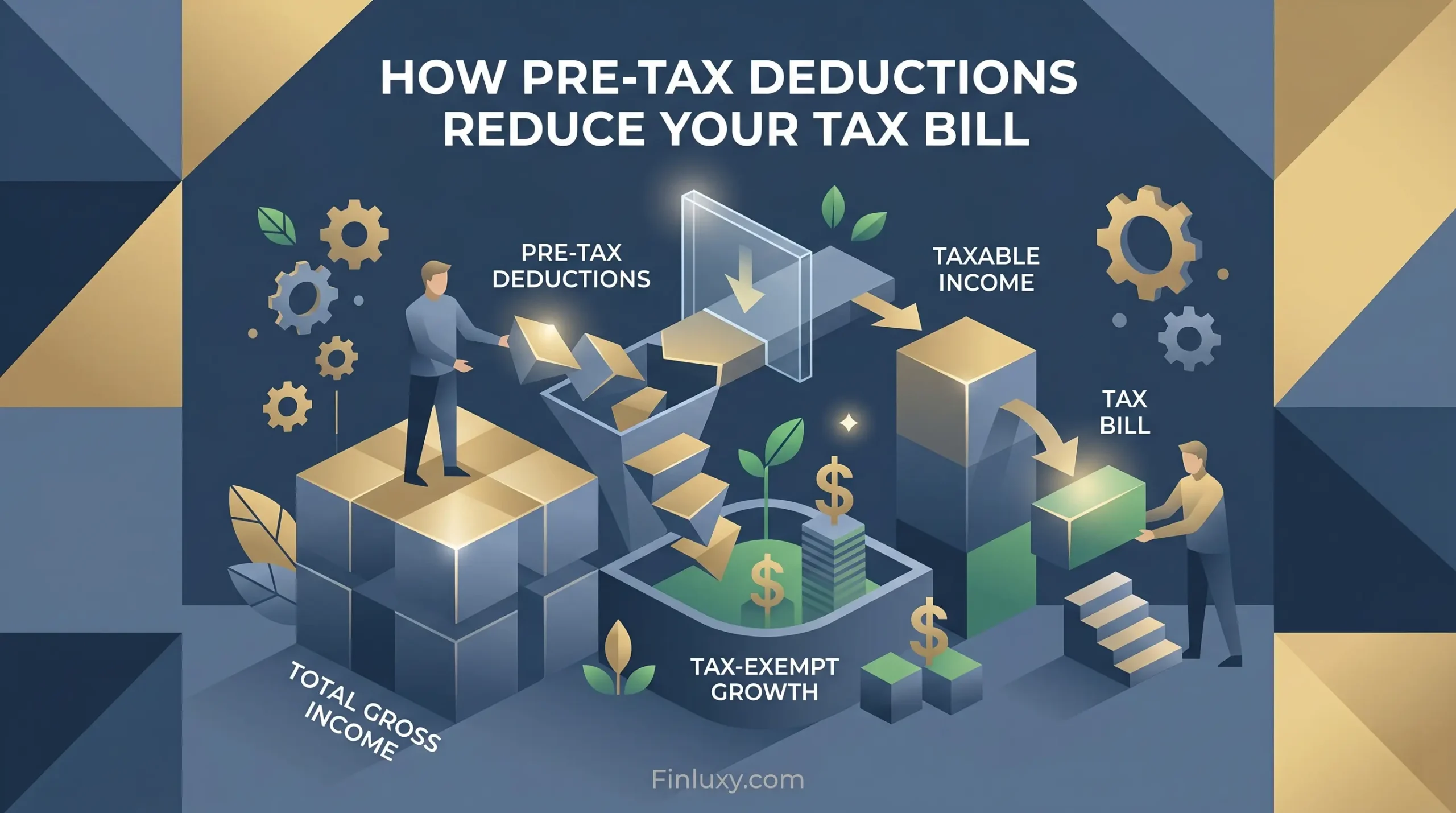 Geometric vector illustration showing blocks of gross income passing through pre-tax deductions to result in a smaller taxable income.