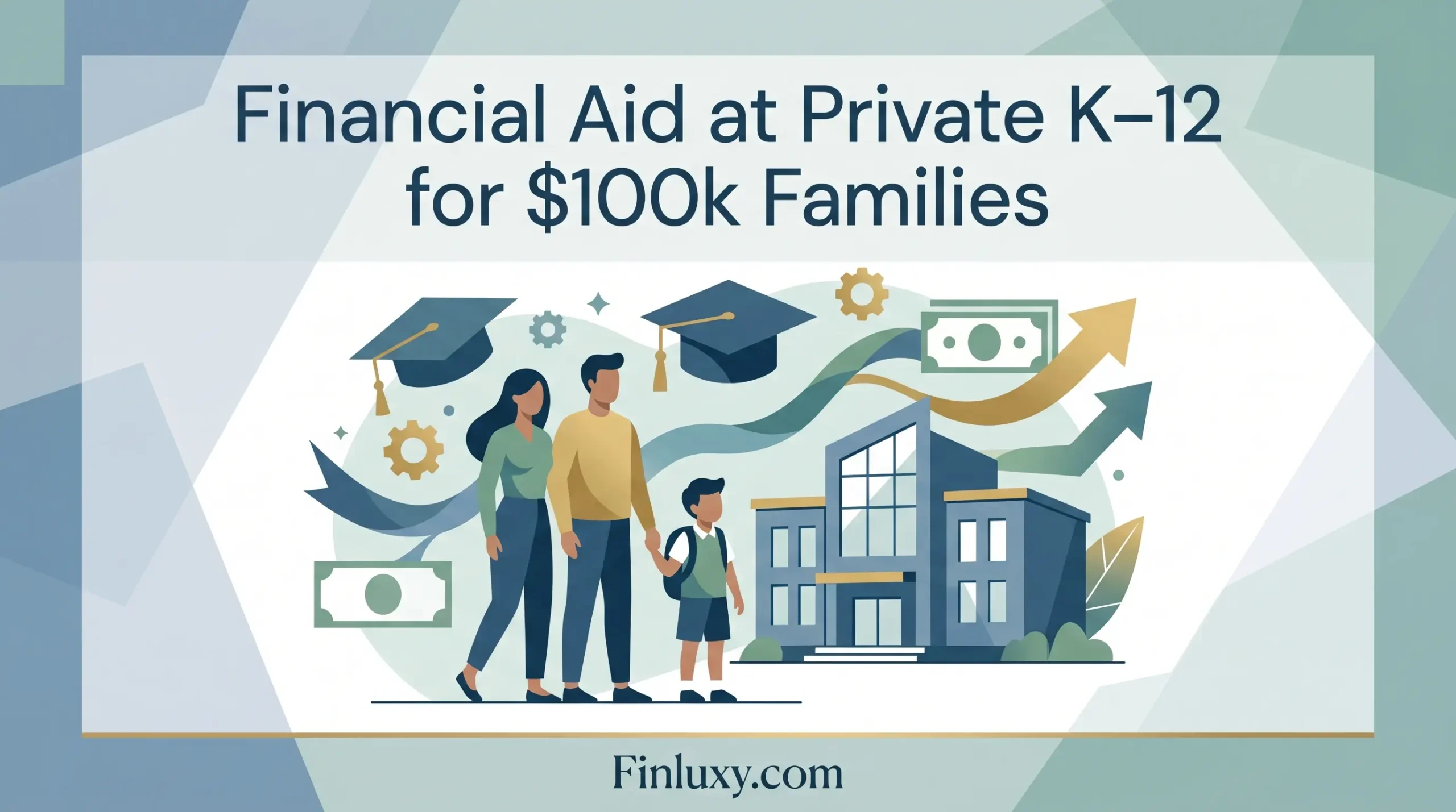 Geometric vector illustration of a family walking toward a private school building, featuring the headline "Financial Aid at Private K–12 for $100k Families".