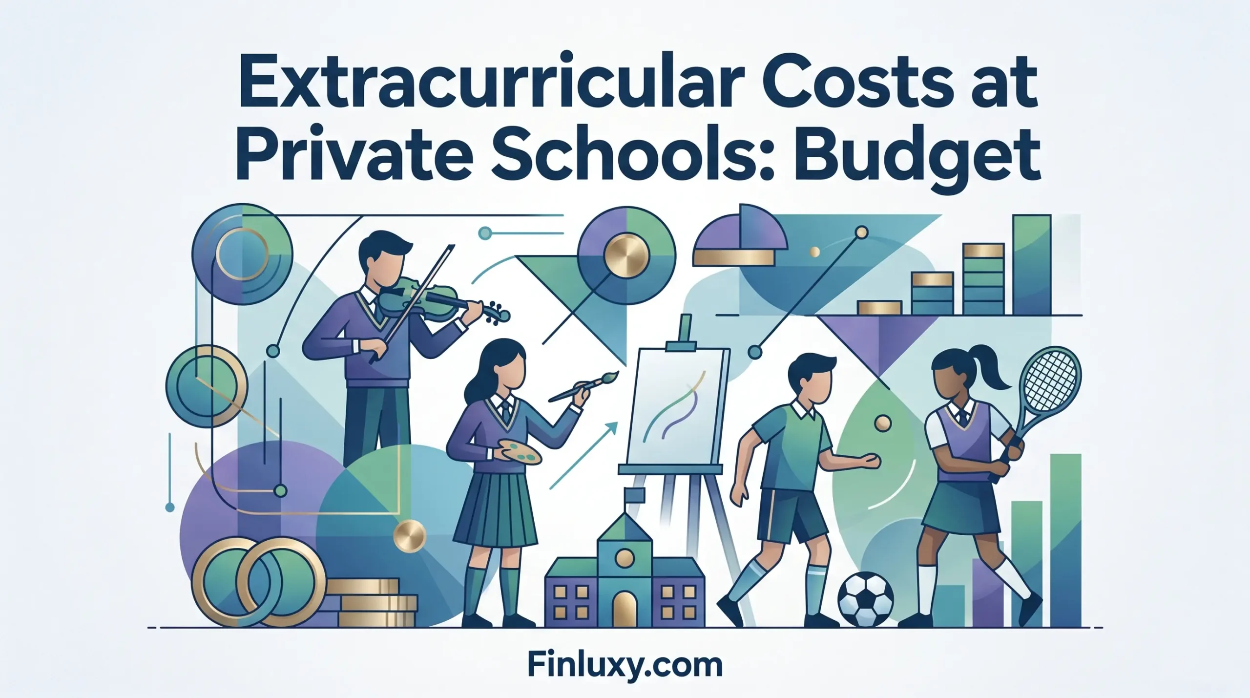 Geometric illustration of private school students engaging in sports, arts, and music, with subtle budget shapes and Finluxy.com branding.