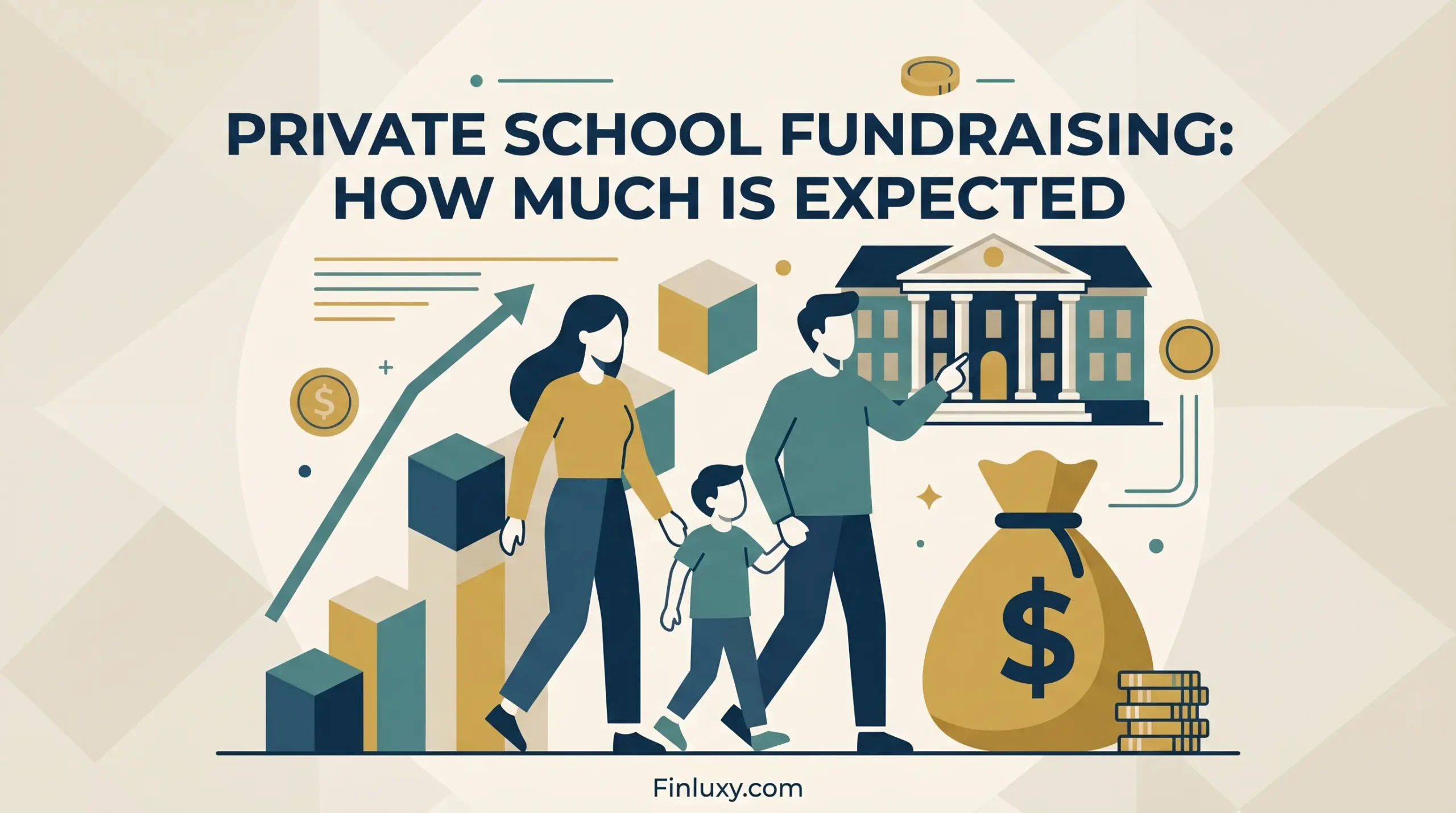 Geometric illustration of a family walking toward a school building alongside a money bag, with article headline and Finluxy.com logo.