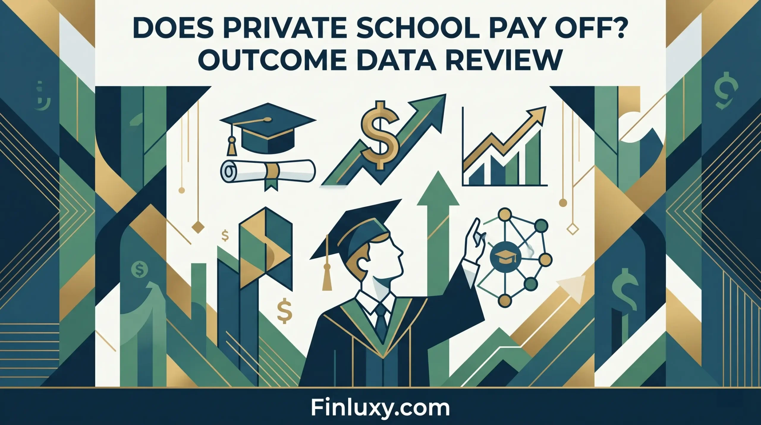 Geometric illustration of a graduate pointing at growth data, featuring the headline "Does Private School Pay Off? Outcome Data Review."