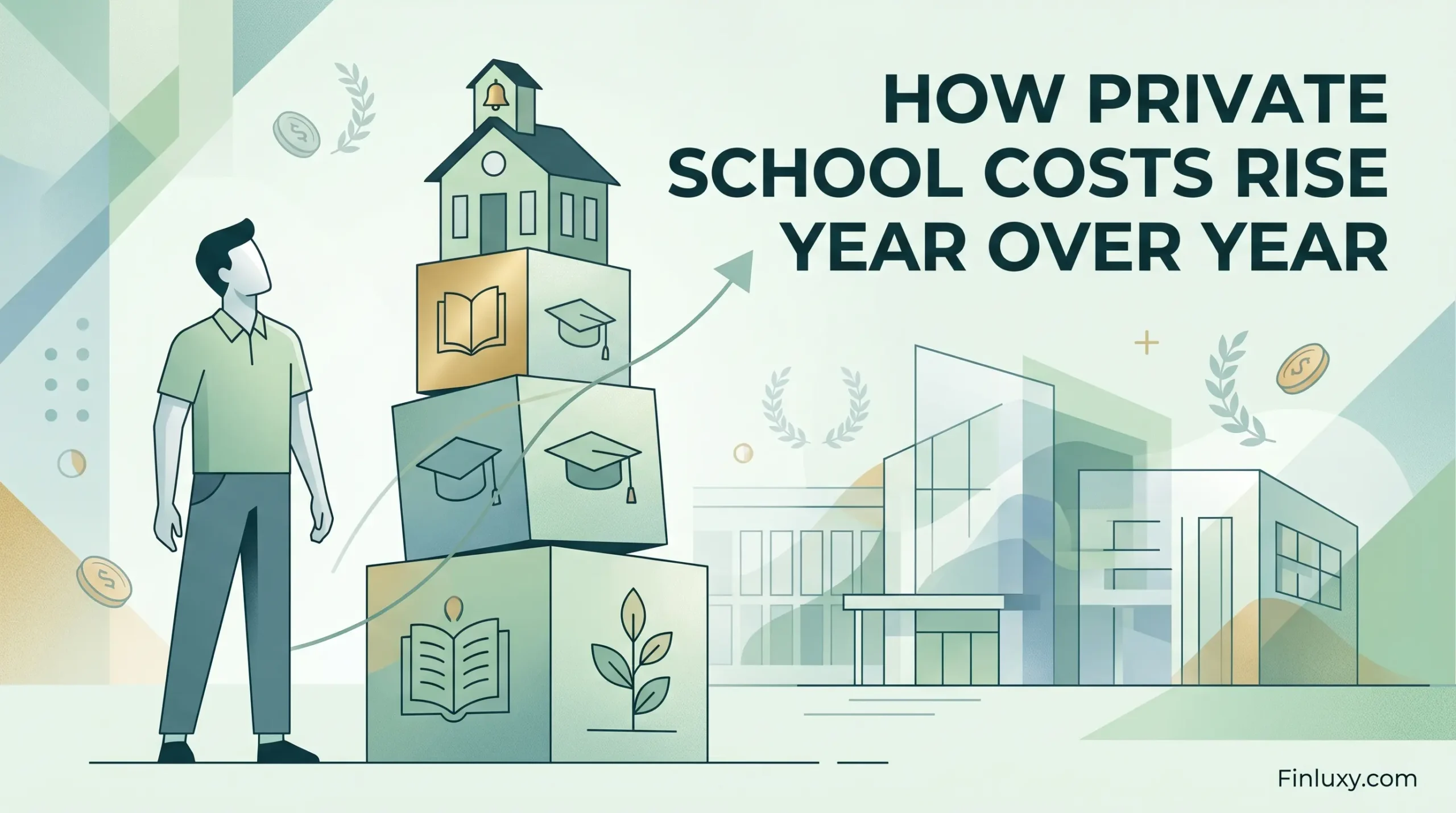 Geometric vector illustration of a person looking at a rising stack of education blocks, featuring the headline about private school costs.
