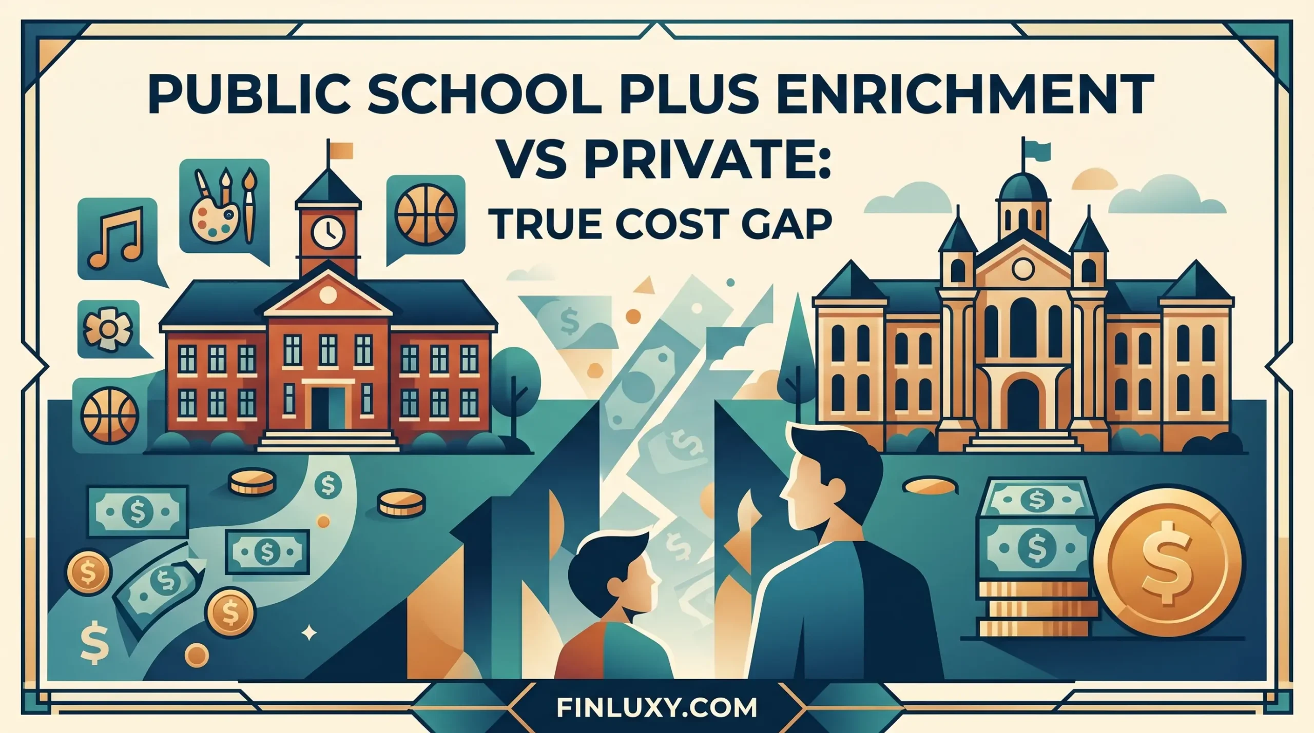 Geometric vector illustration comparing a public school with activity icons to a premium private school, highlighting financial costs and the website URL.