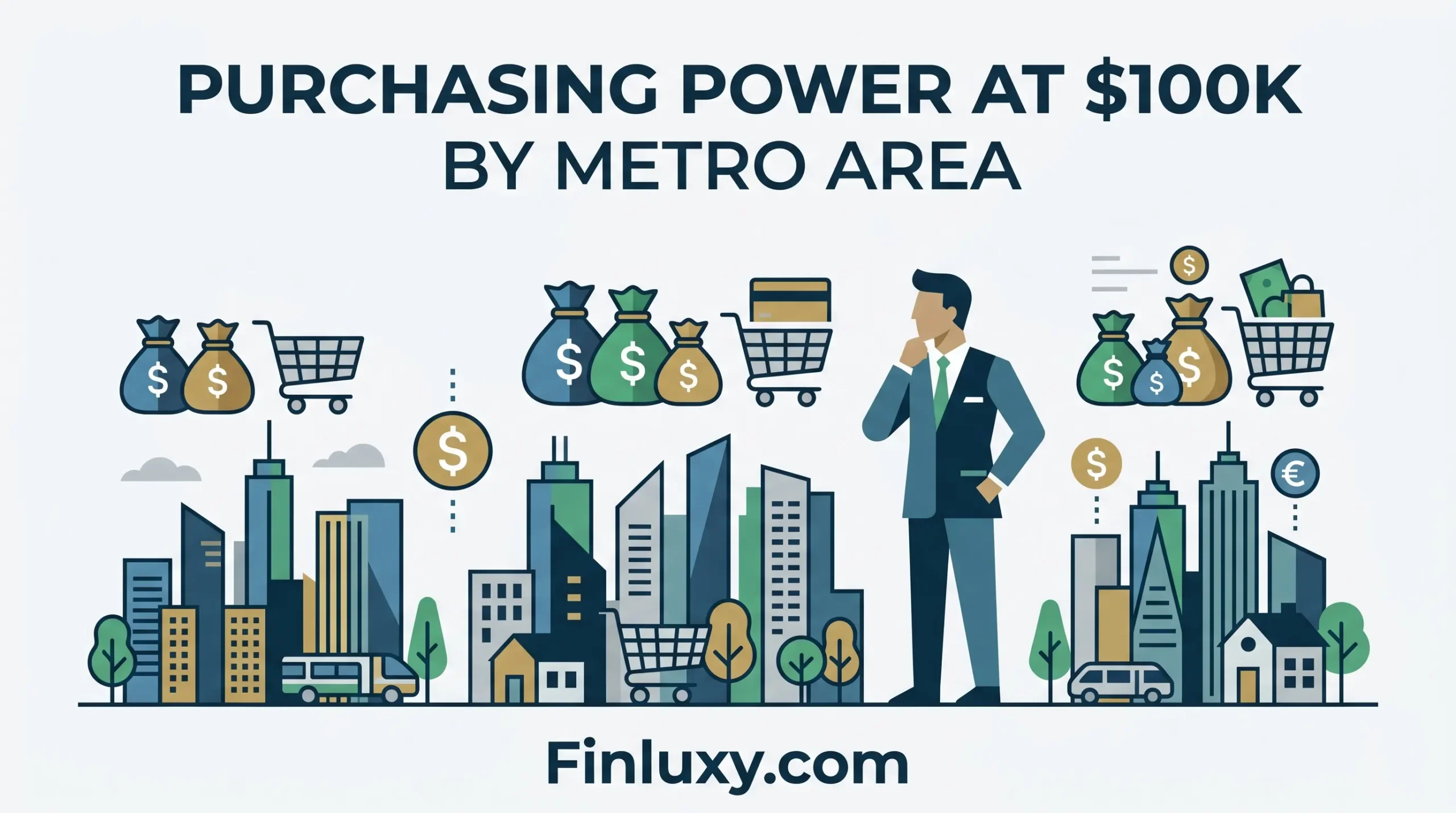 Geometric vector illustration comparing city skylines with varying money bags and shopping carts under the title "Purchasing Power at $100k by Metro Area".