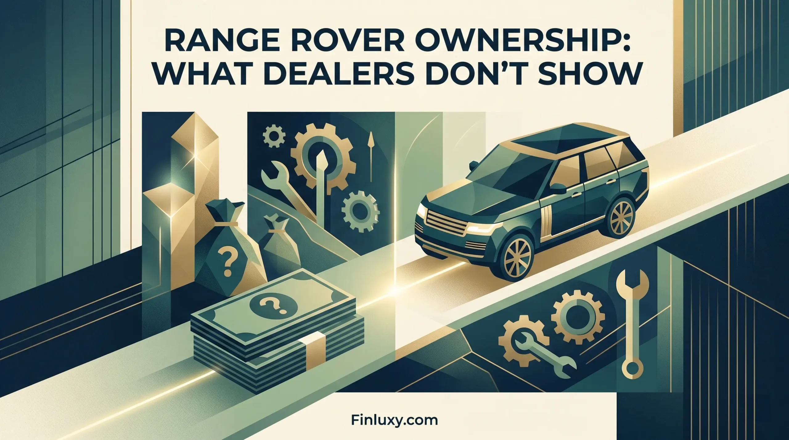 Geometric vector illustration of a luxury SUV on a road alongside hidden maintenance gears and question-marked money stacks.