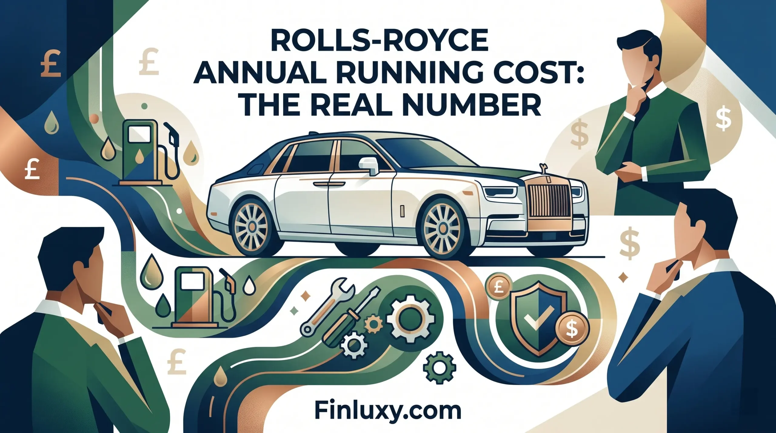 Geometric vector illustration of a luxury car surrounded by abstract financial icons and figures, titled "Rolls-Royce Annual Running Cost: The Real Number".