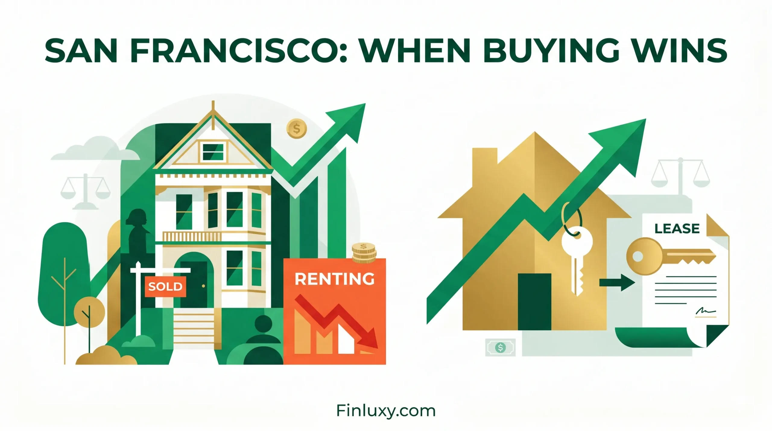 Geometric vector illustration comparing home buying and renting in San Francisco, featuring a Victorian house and green growth arrows.