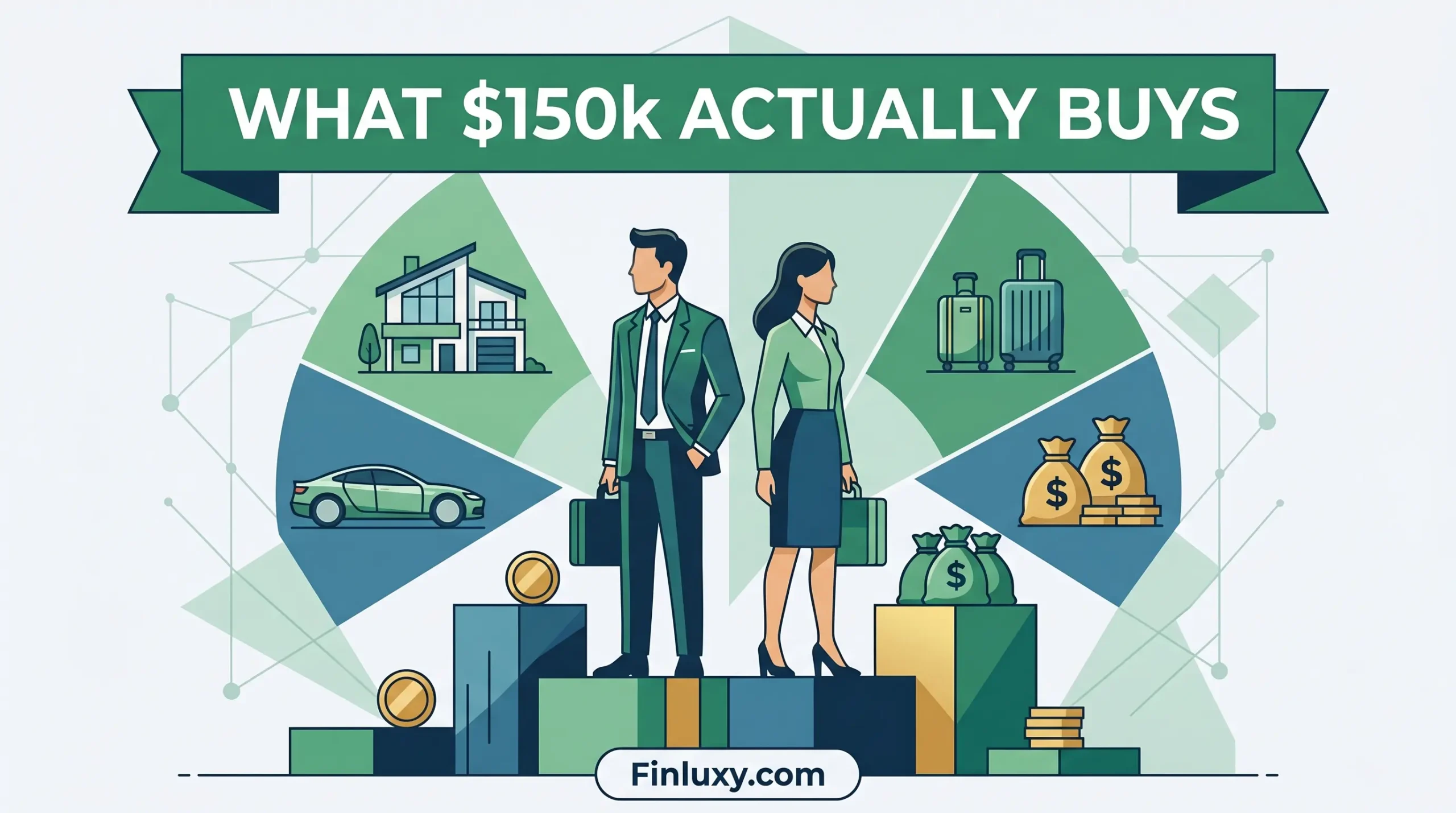 Geometric illustration of a professional couple surrounded by icons of a house, car, travel gear, and savings bags.