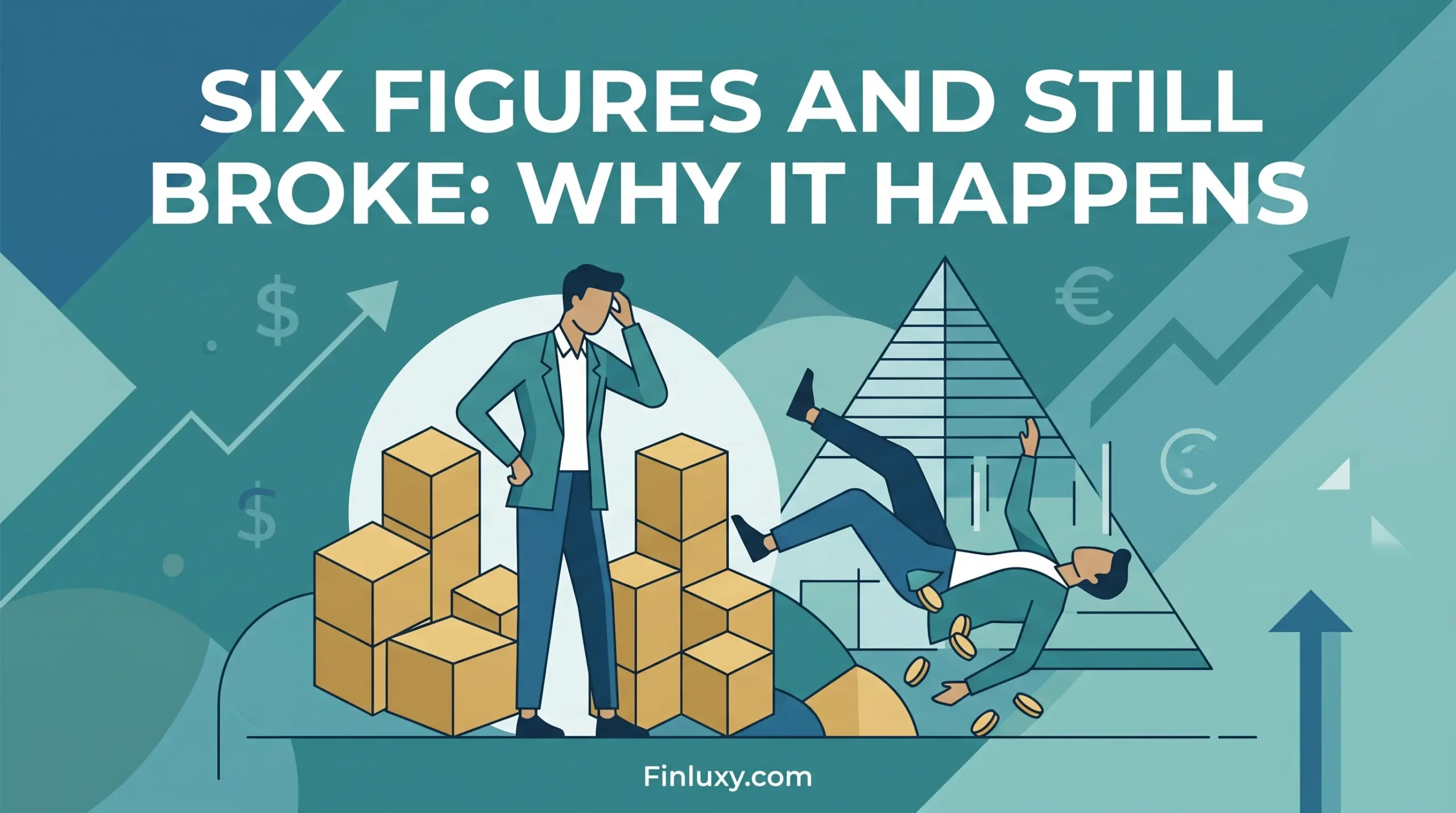 Geometric vector illustration of a worried professional next to stacked boxes and falling coins, with headline text and Finluxy.com.
