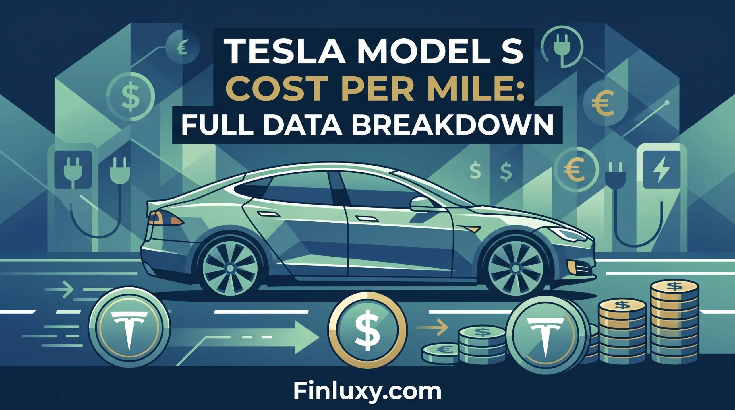 Geometric vector illustration of a Tesla Model S with financial icons, titled "Tesla Model S Cost Per Mile: Full Data Breakdown".
