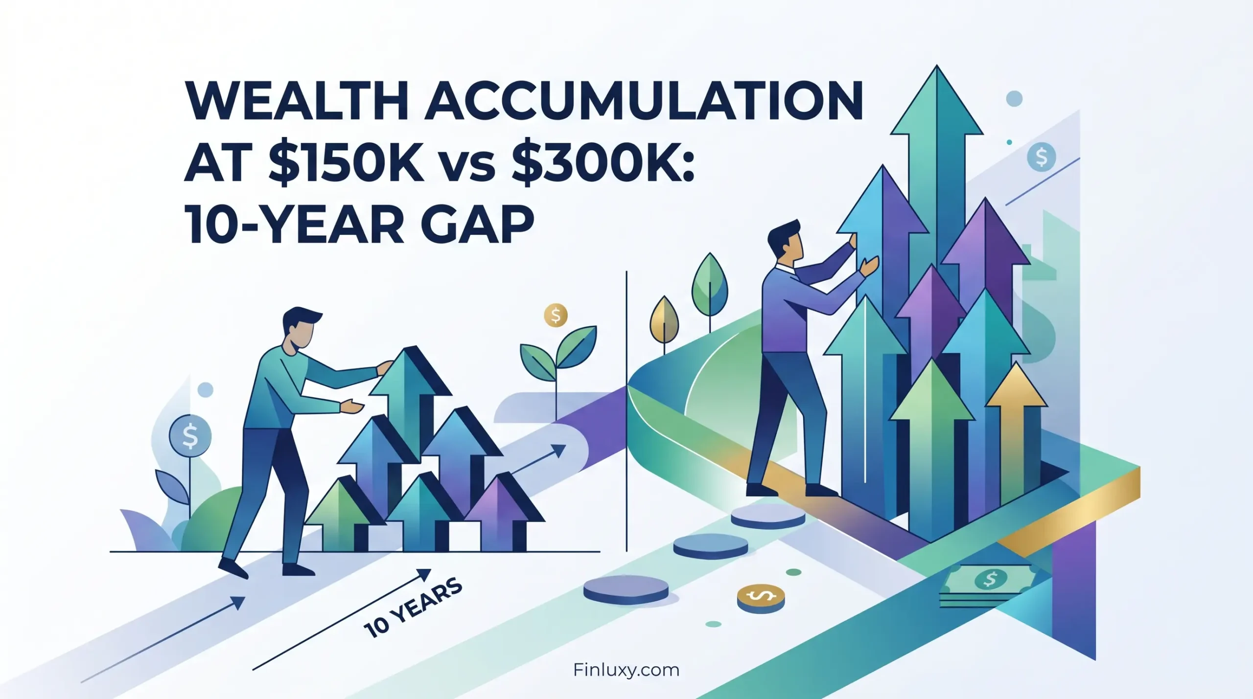 Geometric vector illustration comparing two wealth paths with arrows rising at different heights, featuring Finluxy headline and website URL.